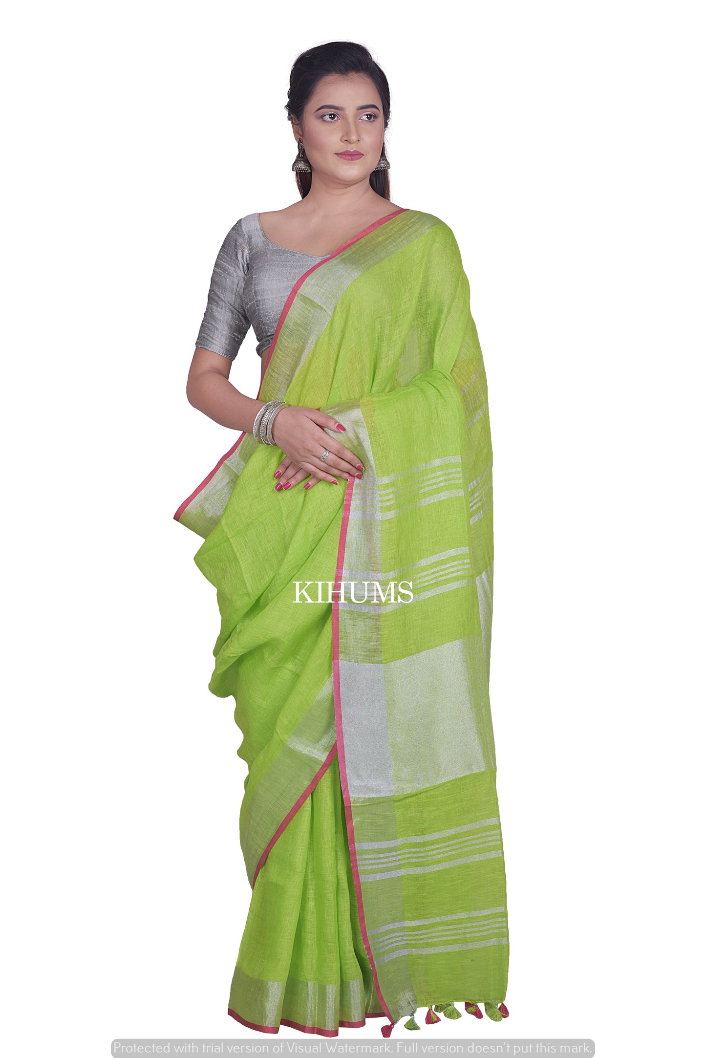 Bright Green Handwoven Linen Saree | Silver Zari Checks | KIHUMS Saree