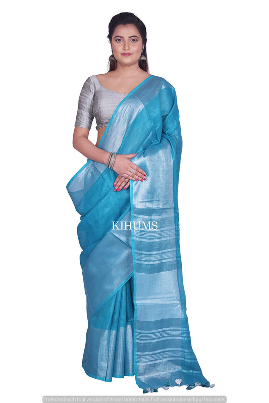 Blue Shade Handwoven Linen Saree | Silver Zari Checks | KIHUMS Saree kihums clothing