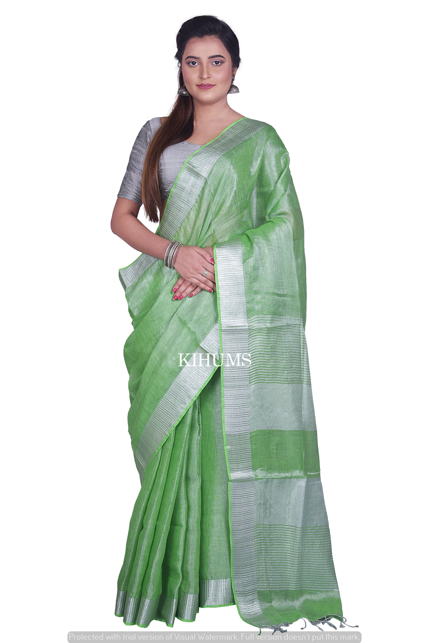 Green Shade with Silver Tinge | Tissue Linen Saree | KIHUMS Saree