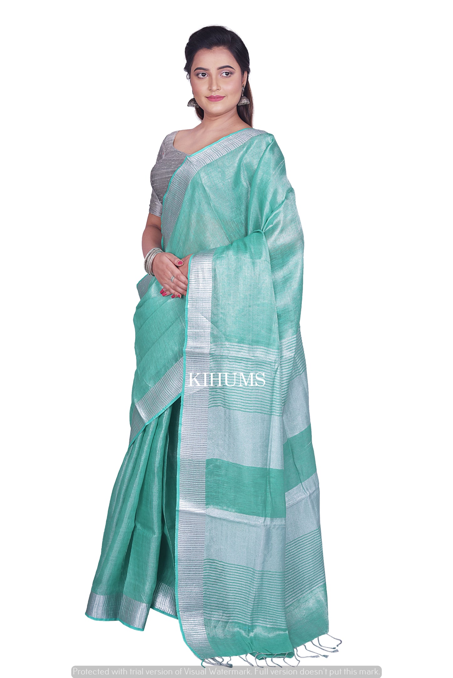 Green Shade with Silver Tinge | Tissue Linen Saree | KIHUMS Saree