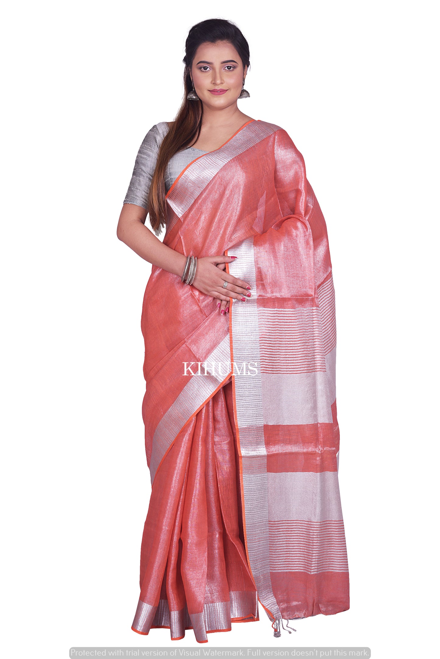 Brick Red Shade with Silver Tinge | Tissue Linen Saree | KIHUMS Saree