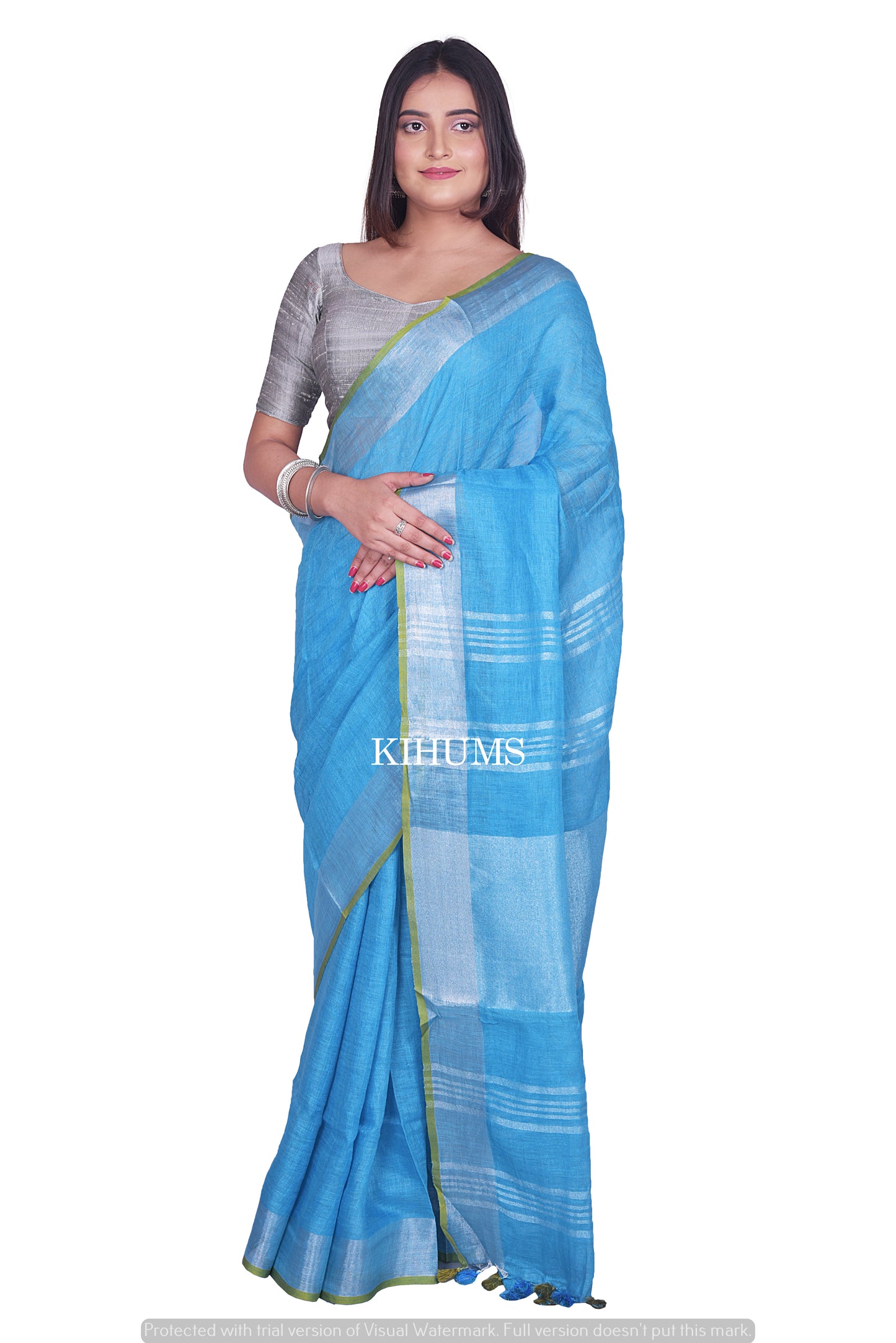 Blue Shade Handwoven Linen Saree | Contrast Blouse | KIHUMS Saree