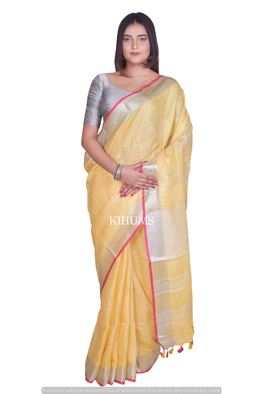 Yellow shade Handwoven Linen Saree | Contrast Blouse | KIHUMS Saree kihums clothing