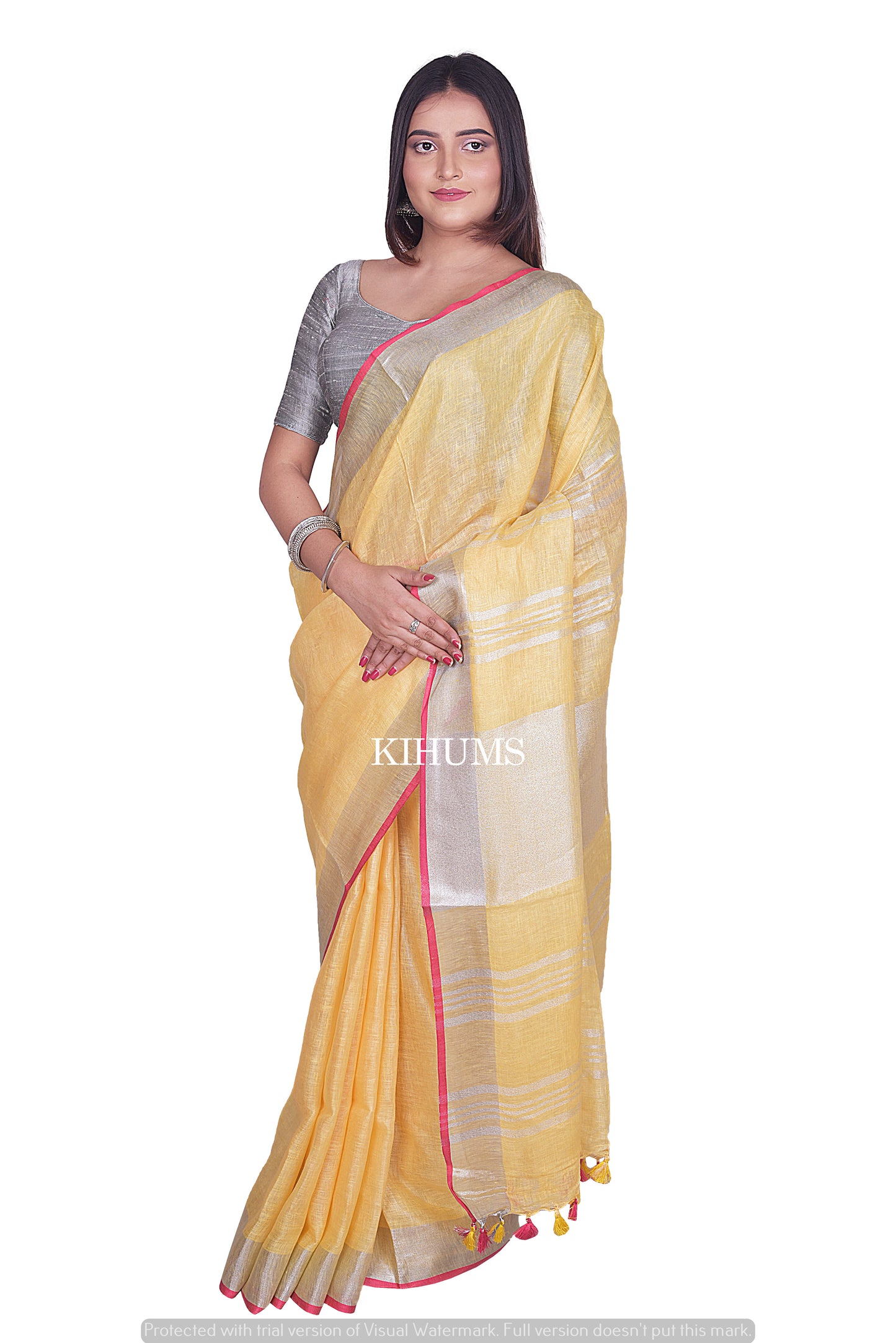 Yellow shade Handwoven Linen Saree | Contrast Blouse | KIHUMS Saree