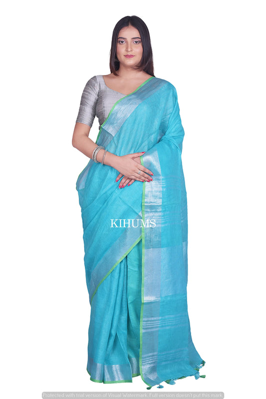 Turquoise shade Handwoven Linen Saree | Contrast Blouse | KIHUMS Saree kihums clothing