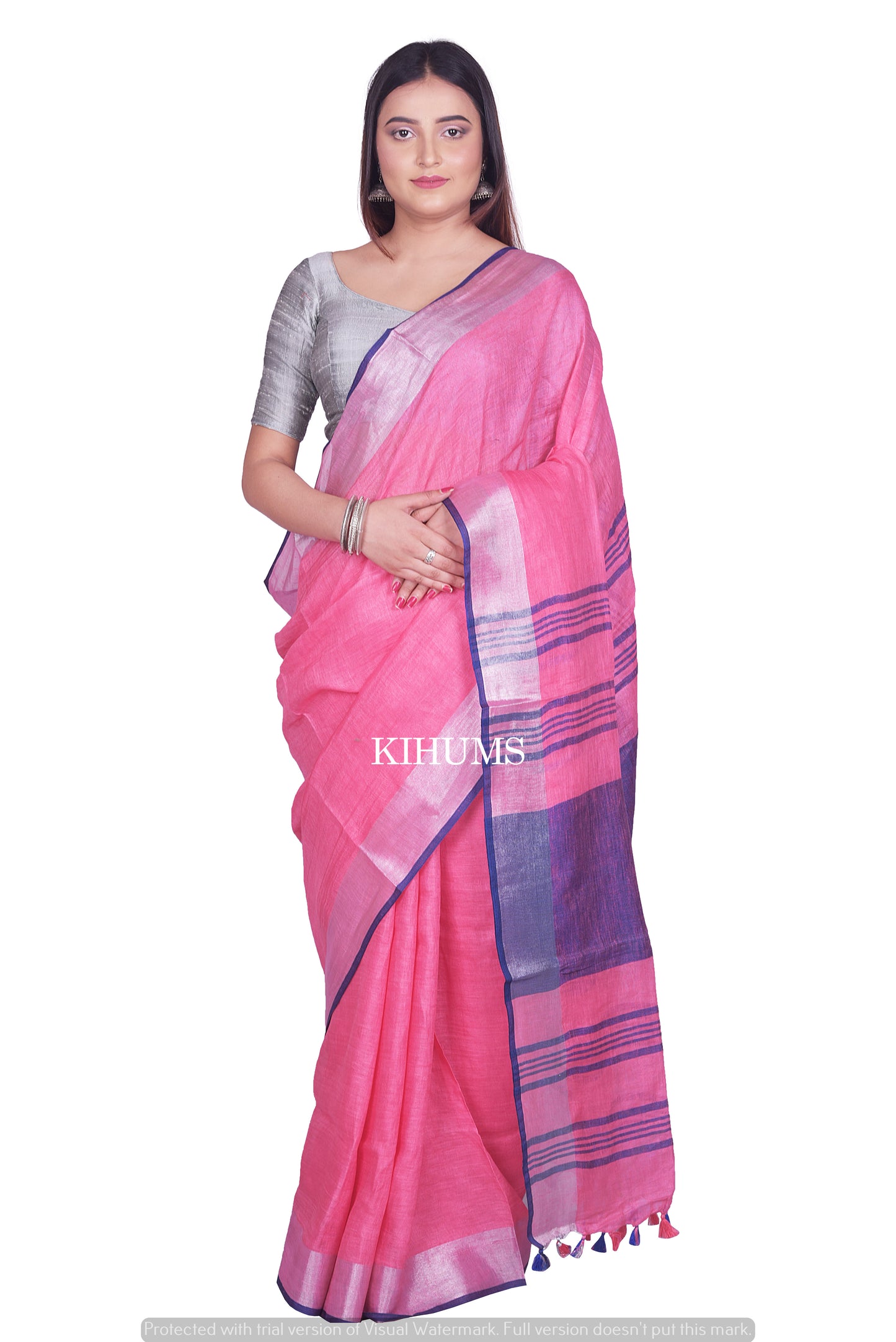 Pink shade Handwoven Linen Saree | Contrast Blouse | KIHUMS Saree