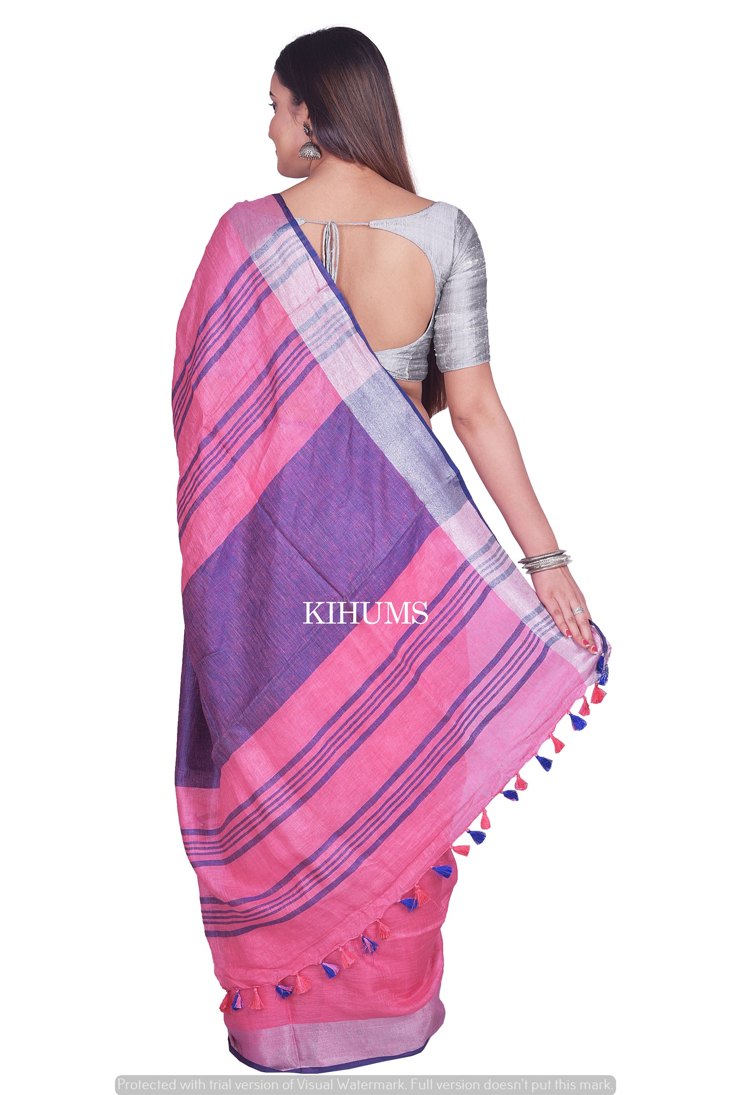 Pink shade Handwoven Linen Saree | Contrast Blouse | KIHUMS Saree