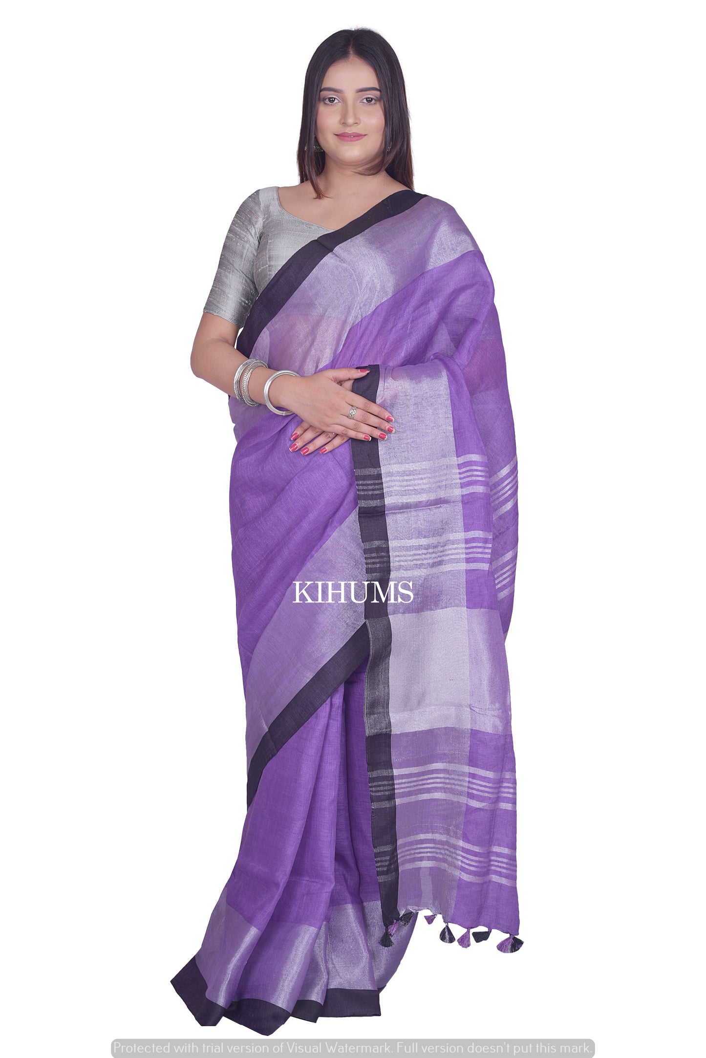 Lavender Shade Handwoven Linen Saree | Contrast border | KIHUMS Saree