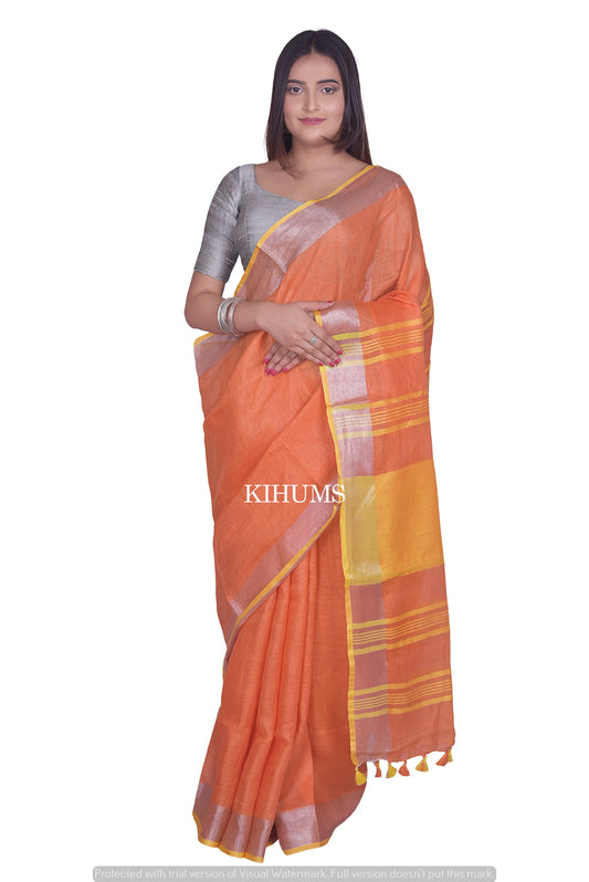 Dusty Orange Shade Handwoven Linen Saree | Silver Zari Border | KIHUMS Saree kihums clothing