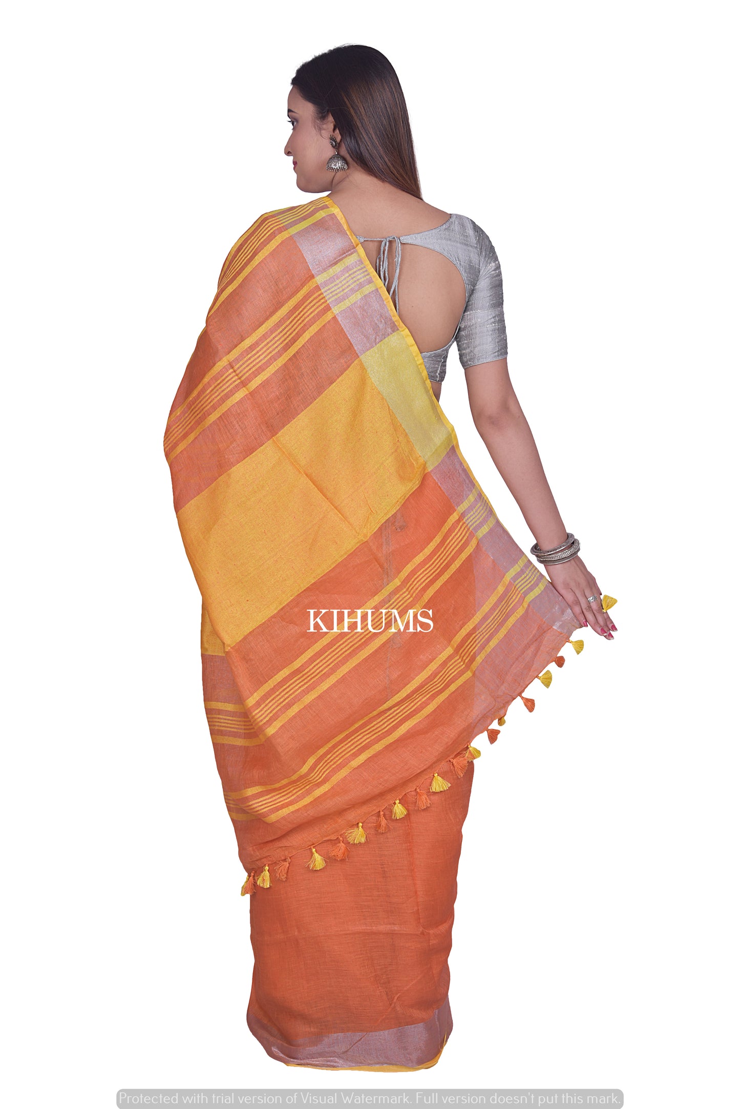 Dusty Orange Shade Handwoven Linen Saree | Silver Zari Border | KIHUMS Saree