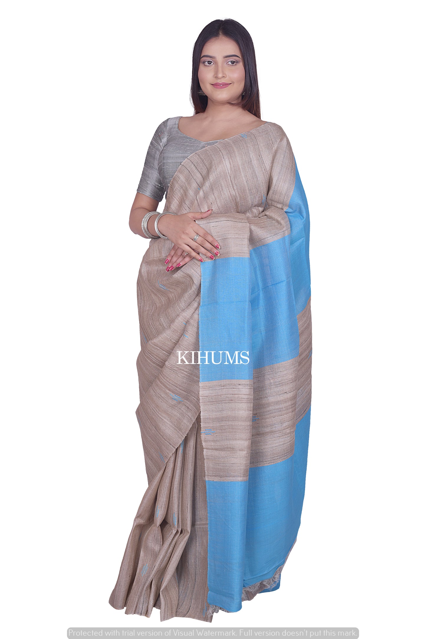 Beige Shade Handwoven Tussar Silk Saree | Contrast Pallu | KIHUMS Saree