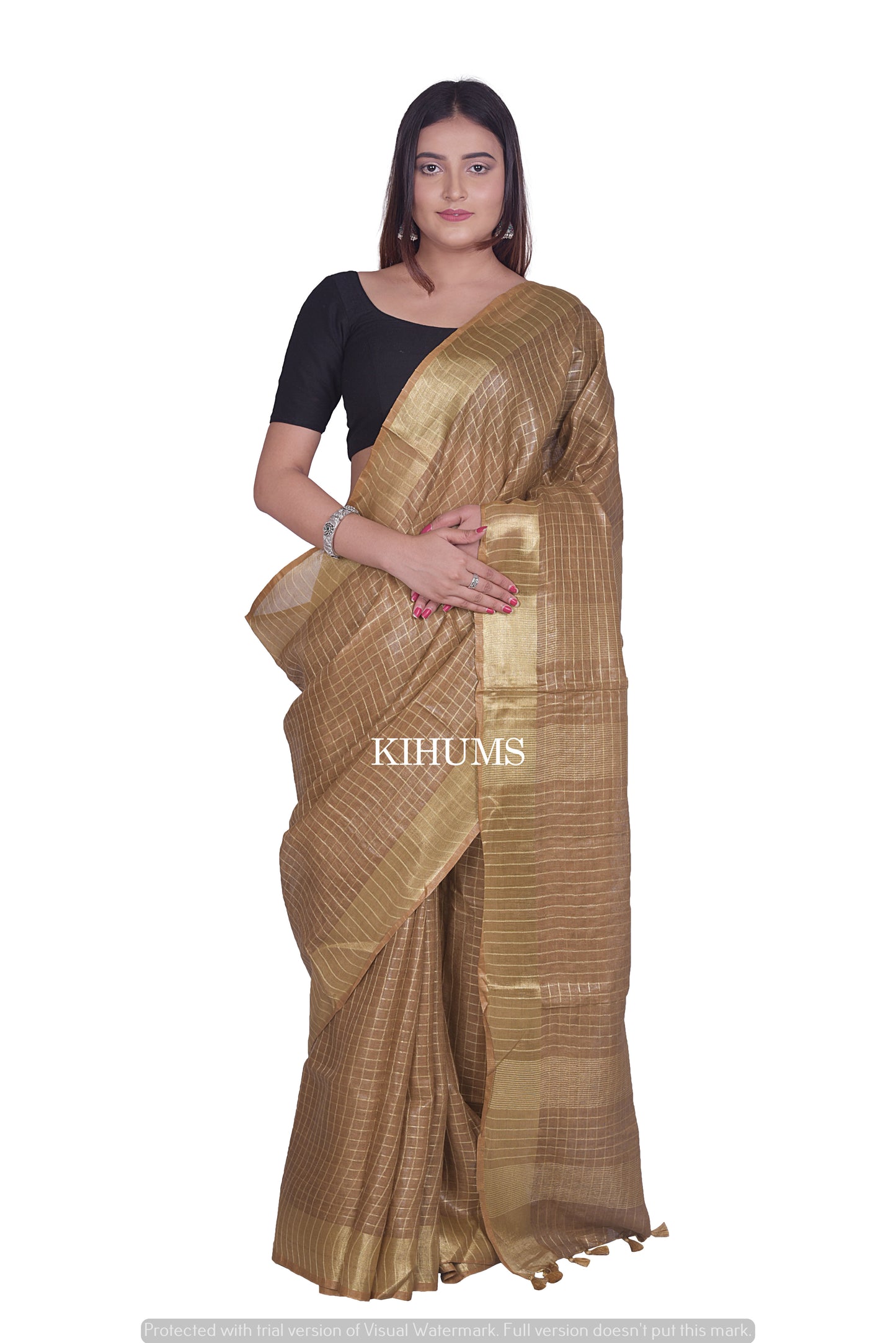 Gold Shade Handmade Pure Linen Saree | Gold Zari Checks | KIHUMS Saree