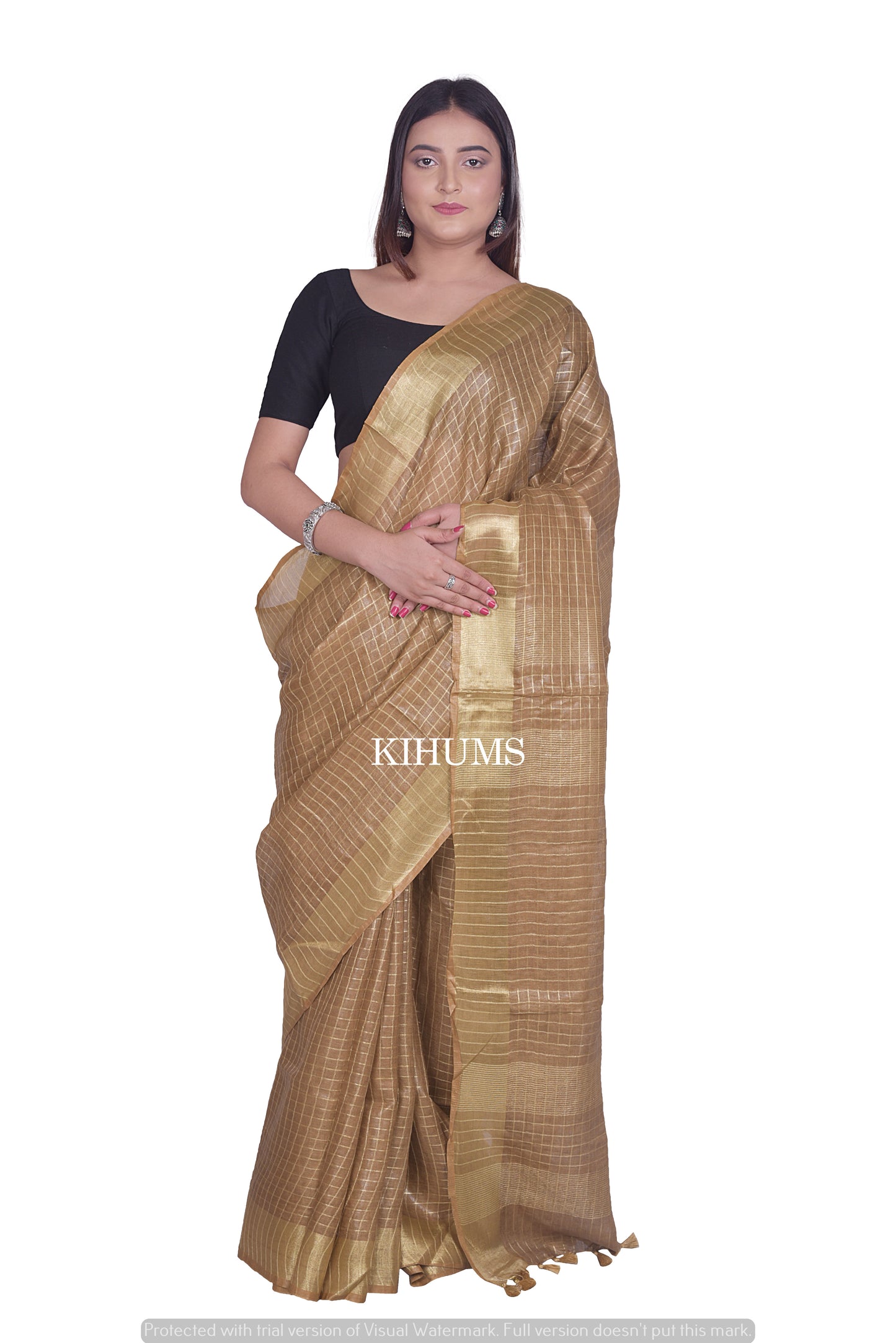 Gold Shade Handmade Pure Linen Saree | Gold Zari Checks | KIHUMS Saree