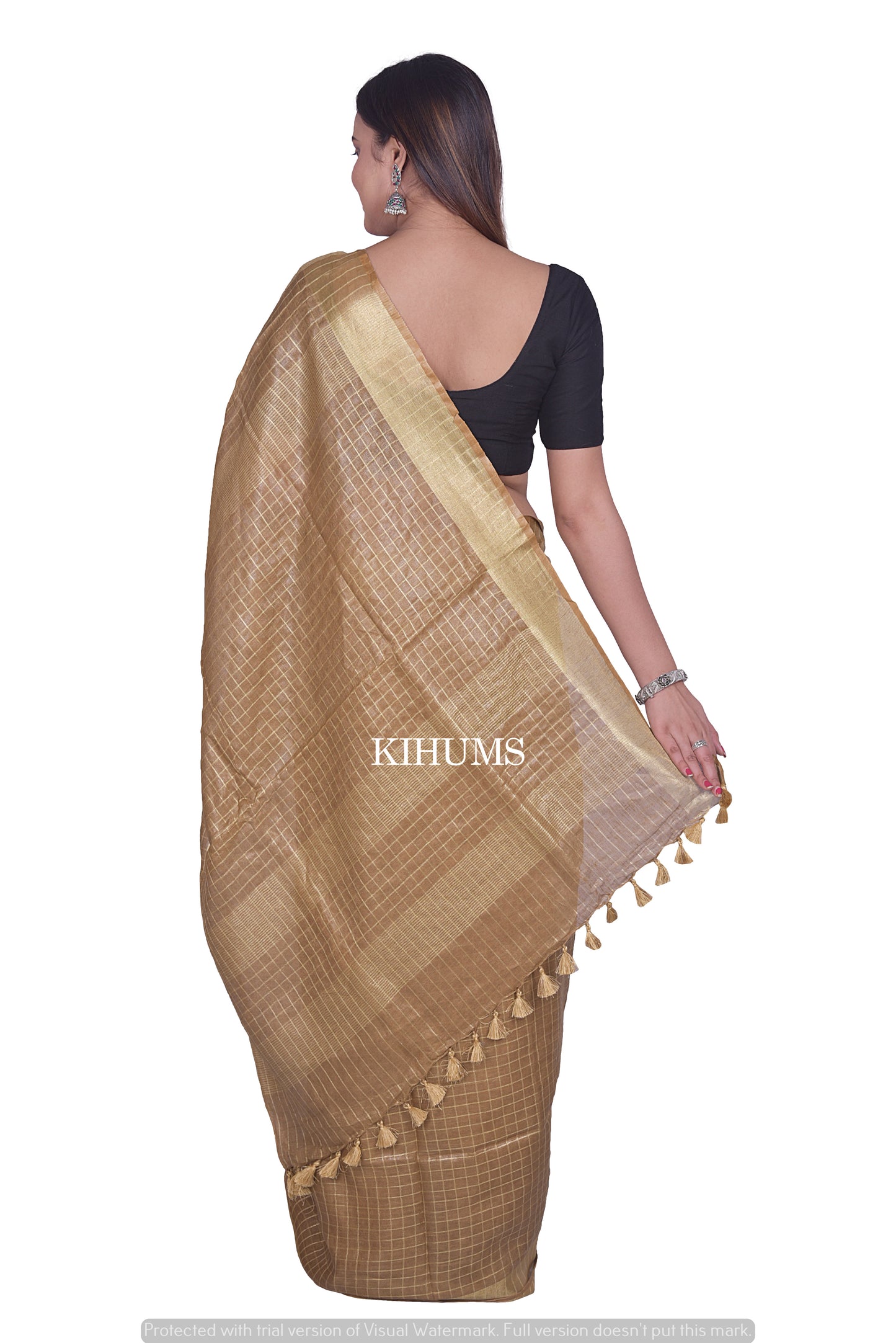 Gold Shade Handmade Pure Linen Saree | Gold Zari Checks | KIHUMS Saree