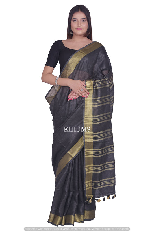 Black Handmade Pure Linen Saree | Gold Zari Border| KIHUMS Saree