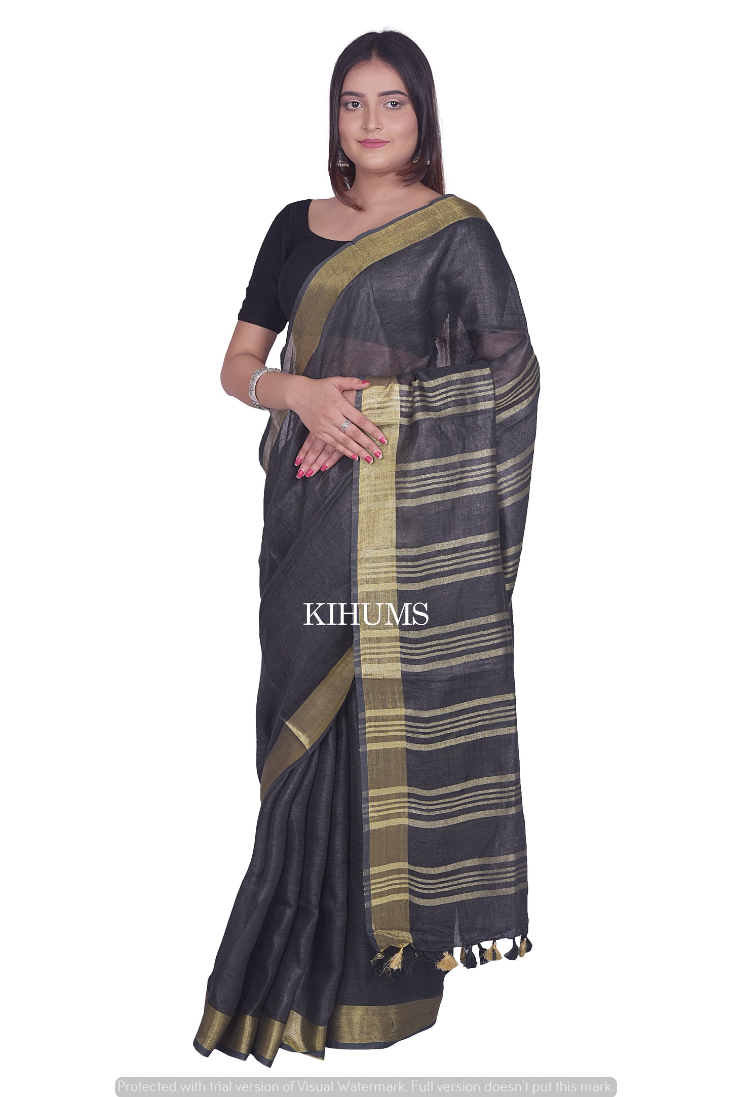 Black Handmade Pure Linen Saree | Gold Zari Border| KIHUMS Saree