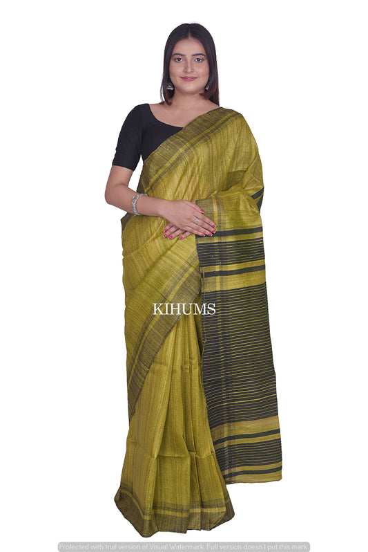 Yellow Shade Handwoven Tussar Silk Saree | Contrast Border | KIHUMS Saree