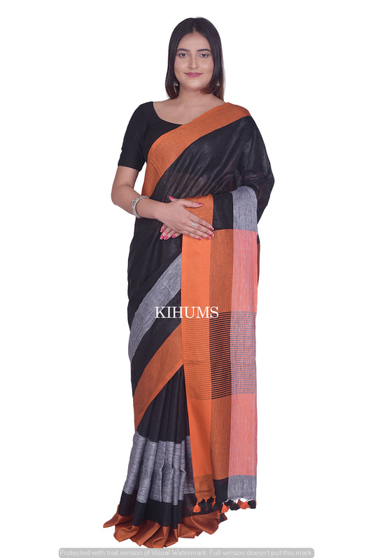 Black Handwoven Linen Saree | Contrast border | KIHUMS Saree