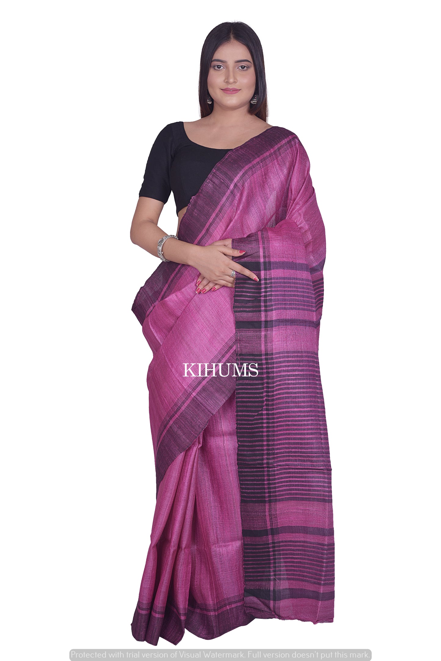 Pink Shade Handwoven Tussar Silk Saree | Contrast Border | KIHUMS Saree