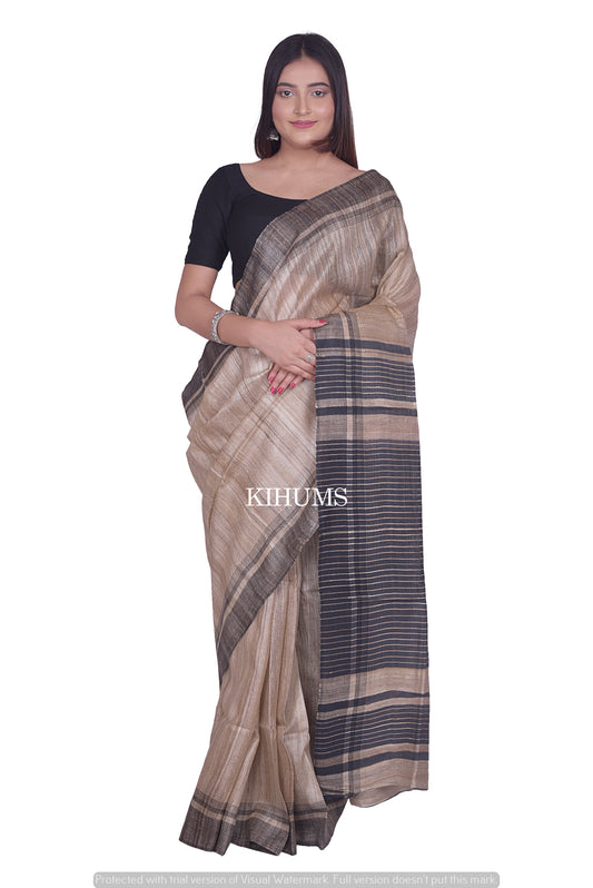 Natural Shade Handwoven Tussar Silk Saree | Contrast Border | KIHUMS Saree