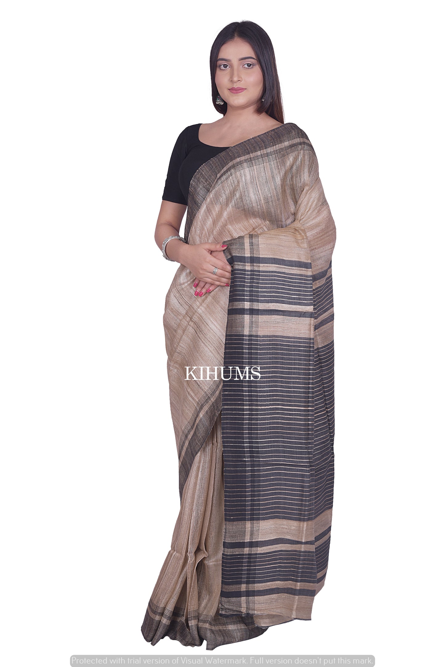 Natural Shade Handwoven Tussar Silk Saree | Contrast Border | KIHUMS Saree
