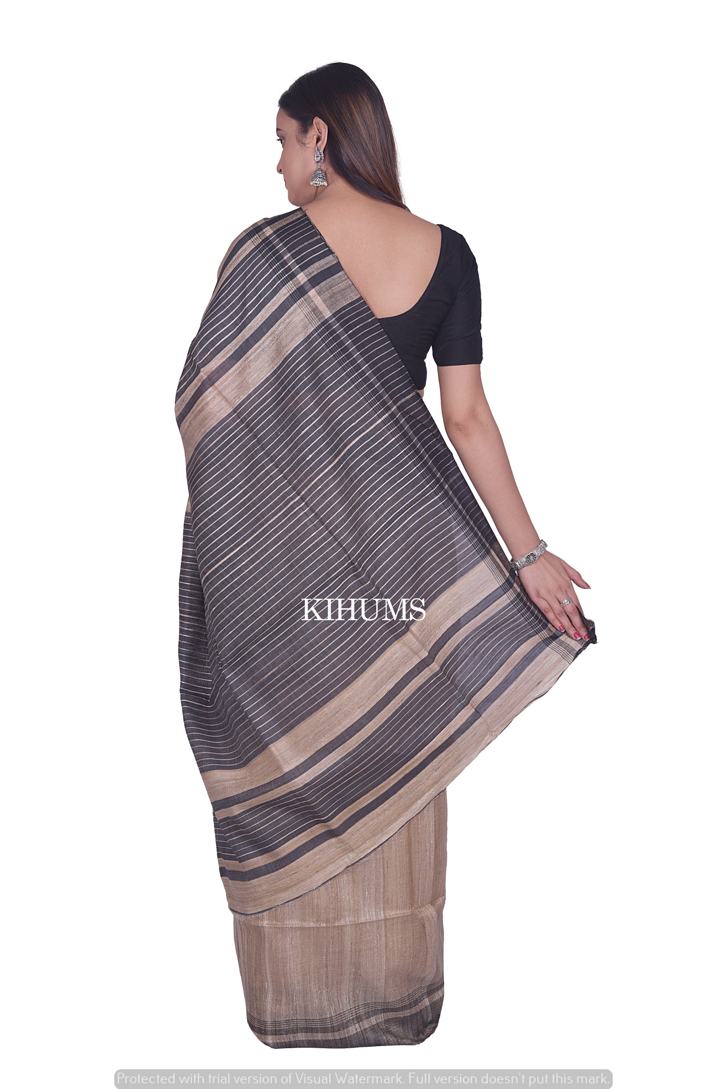 Natural Shade Handwoven Tussar Silk Saree | Contrast Border | KIHUMS Saree