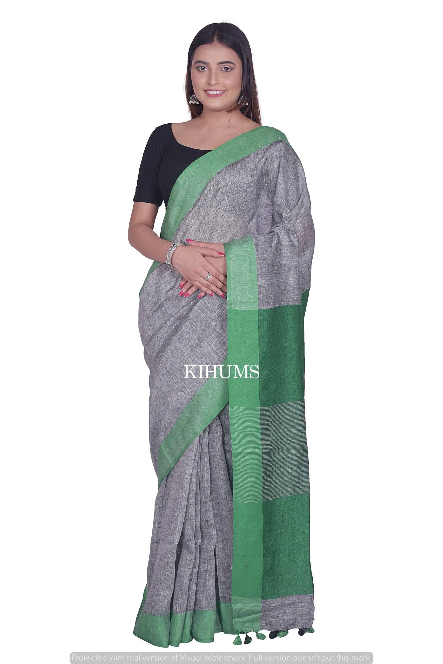 Greay Shade Handmade Pure Linen Saree | Green Border | KIHUMS Saree kihums clothing