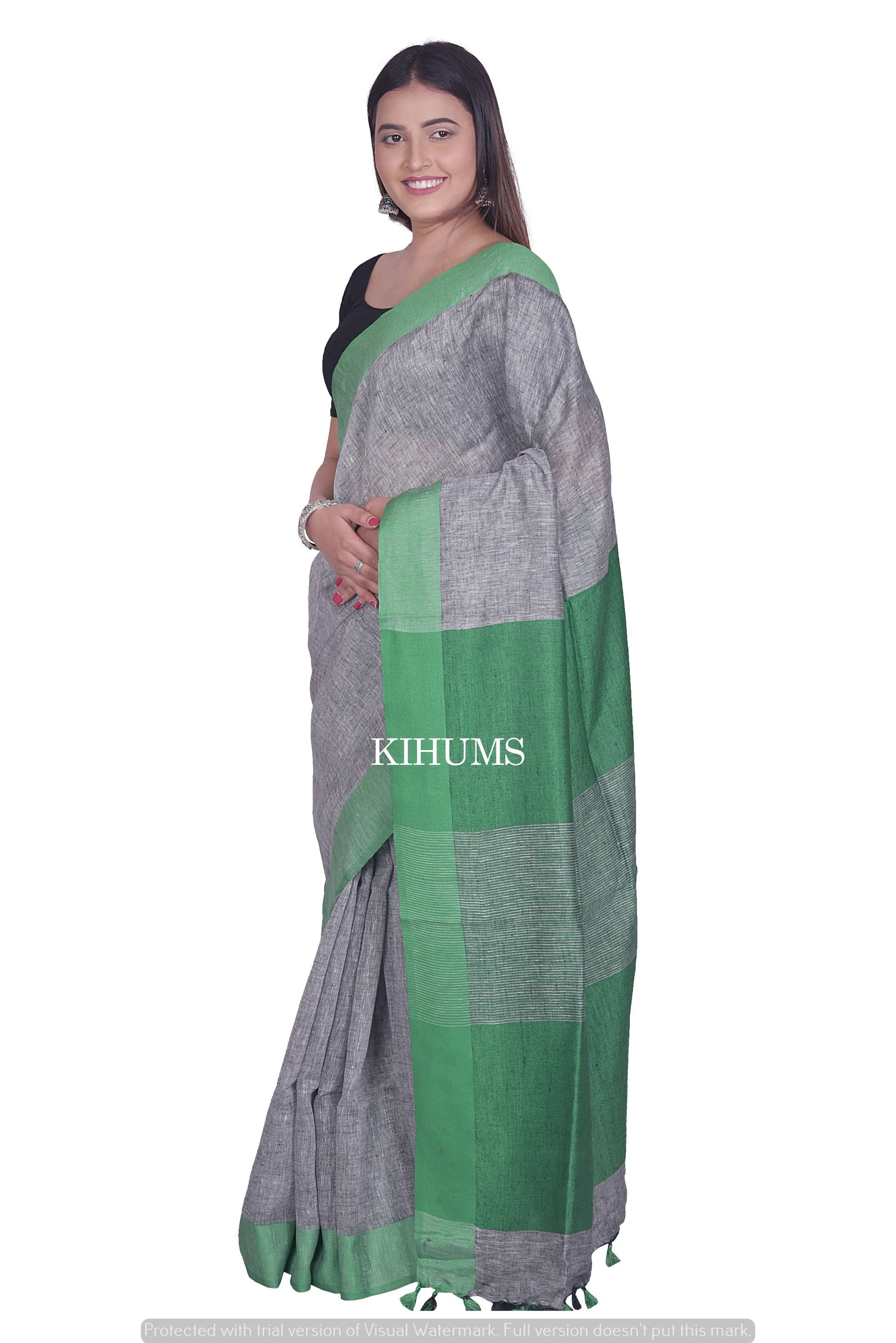 Greay Shade Handmade Pure Linen Saree | Green Border | KIHUMS Saree kihums clothing