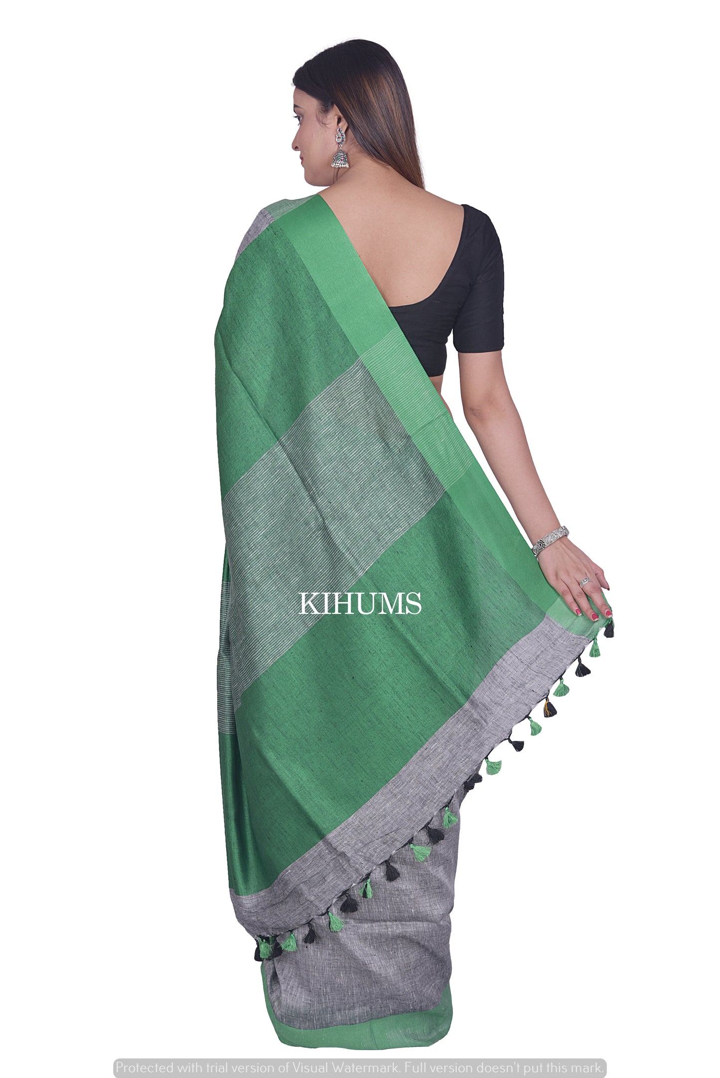 Greay Shade Handmade Pure Linen Saree | Green Border | KIHUMS Saree