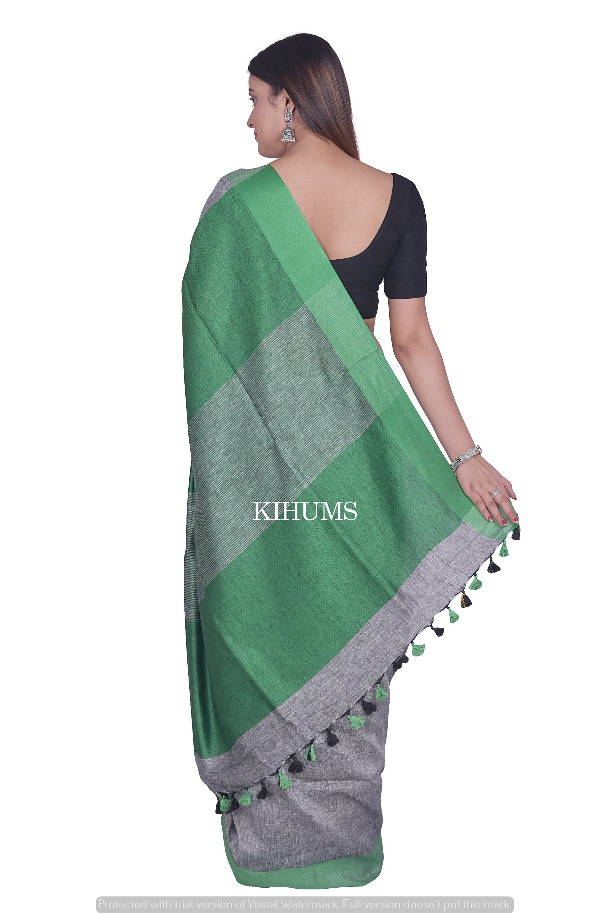 Greay Shade Handmade Pure Linen Saree | Green Border | KIHUMS Saree kihums clothing