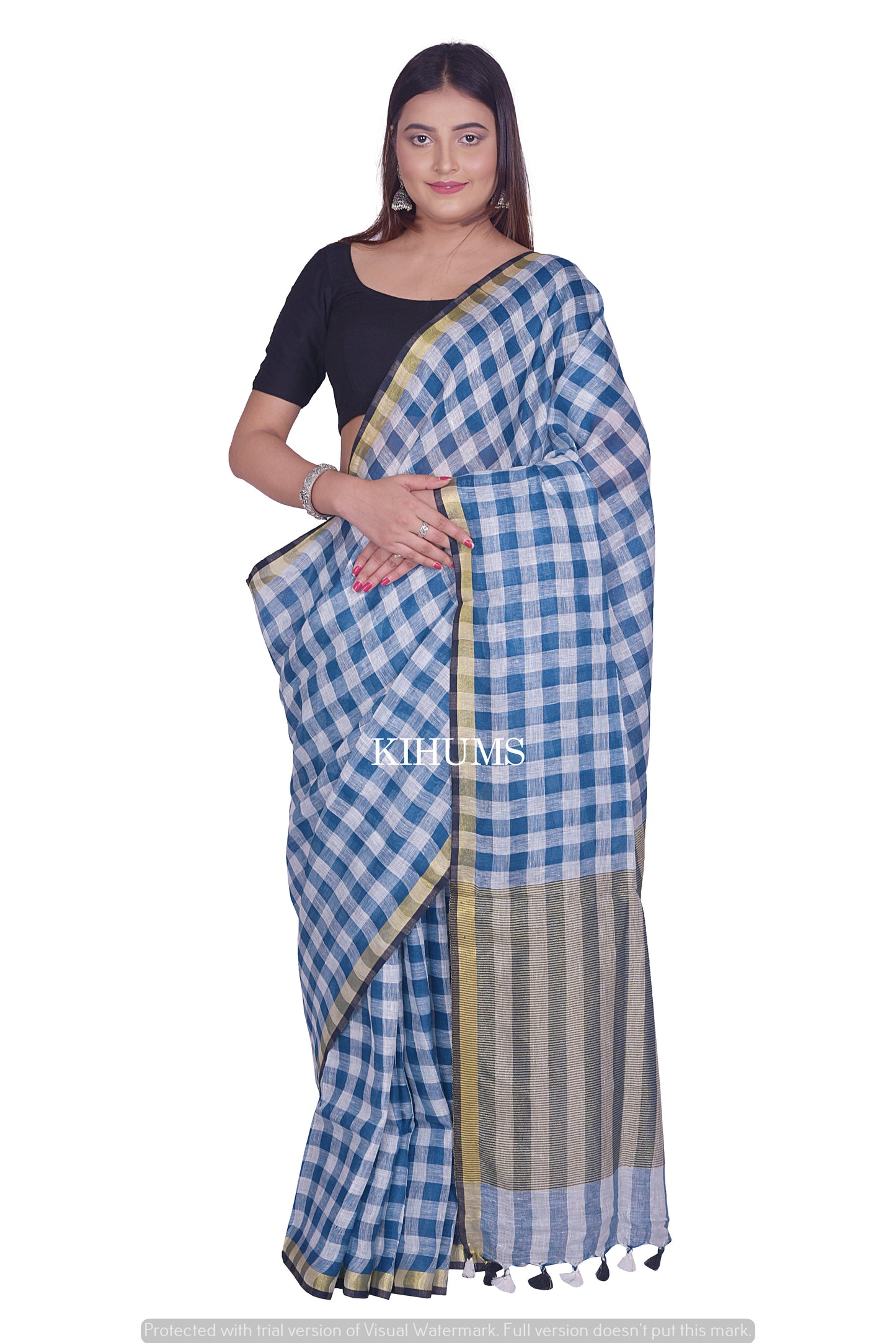 Blue and White Checks Handmade Pure Linen Saree | Gold Zari Border | KIHUMS Saree
