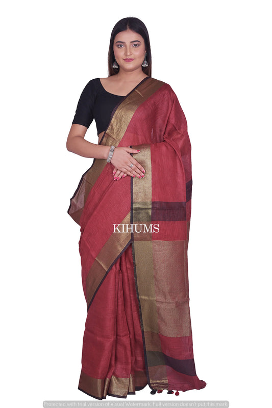 Maroon Shade Handmade Pure Linen Saree | Gold Zari Border | KIHUMS Saree kihums clothing