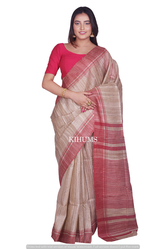 Natural Shade Handwoven Tussar Silk Saree | Contrast Border | KIHUMS Saree