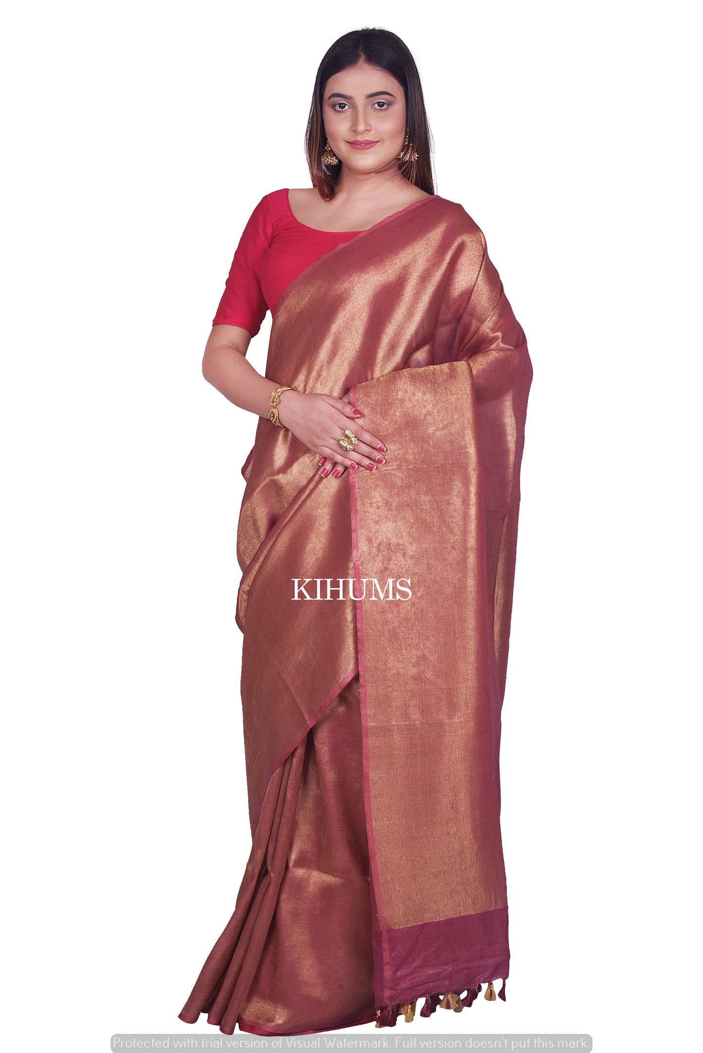 Dark Maroon Shade with Golden Zari | Tissue Linen Saree | KIHUMS Saree