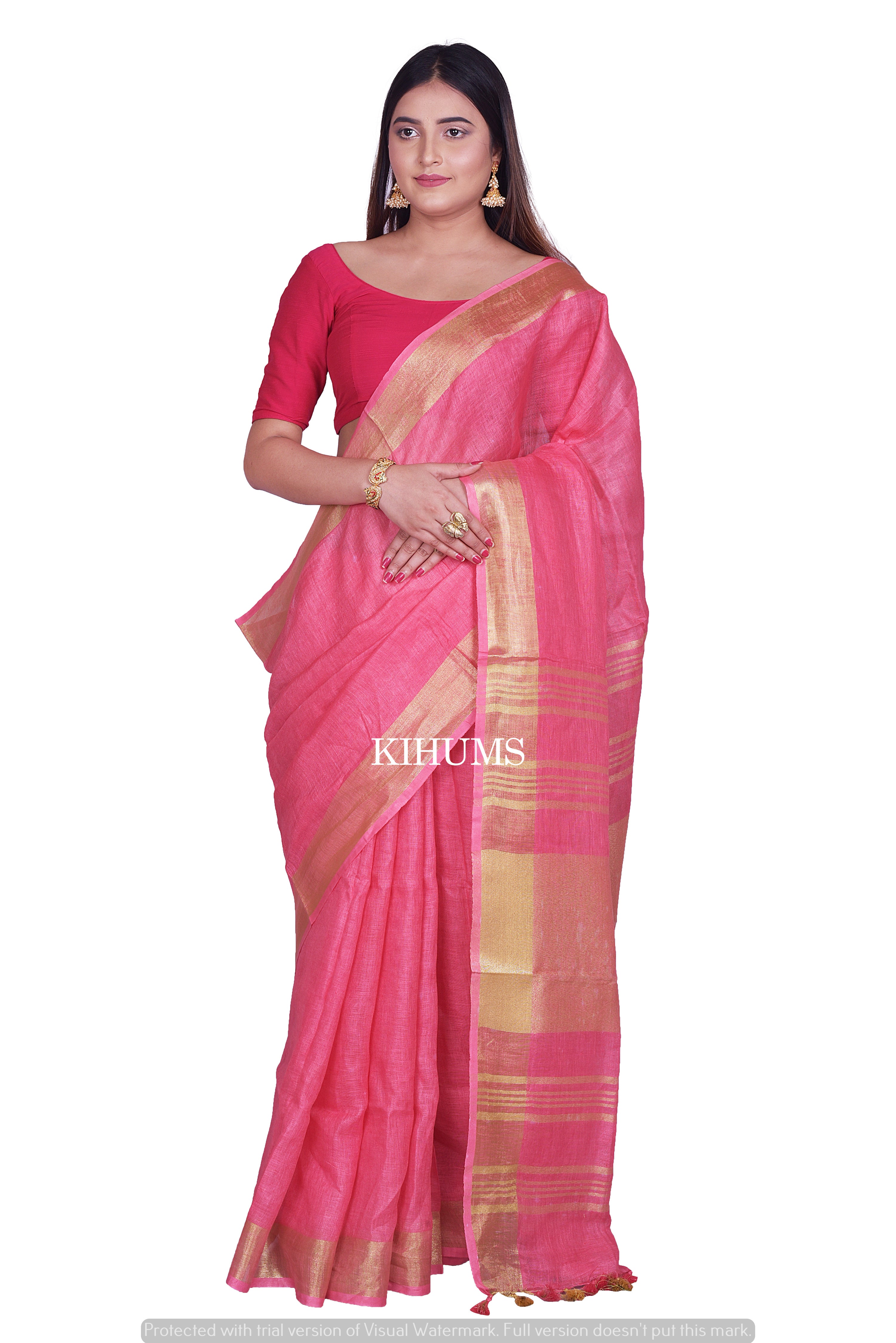 White, Pink and Silver Pure Linen Saree