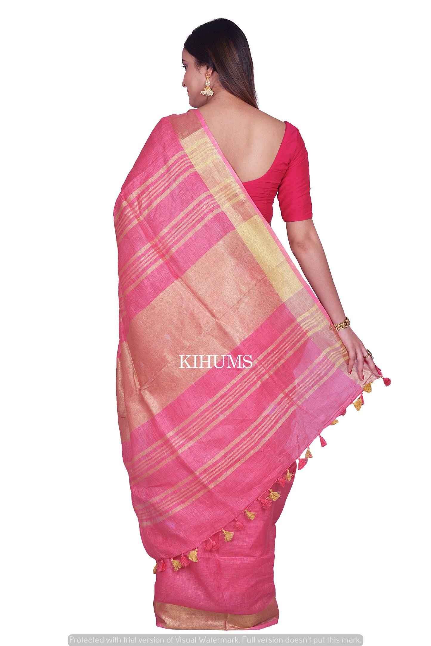 Pink Shade Handmade Pure Linen Saree | Gold Zari Border | KIHUMS Saree