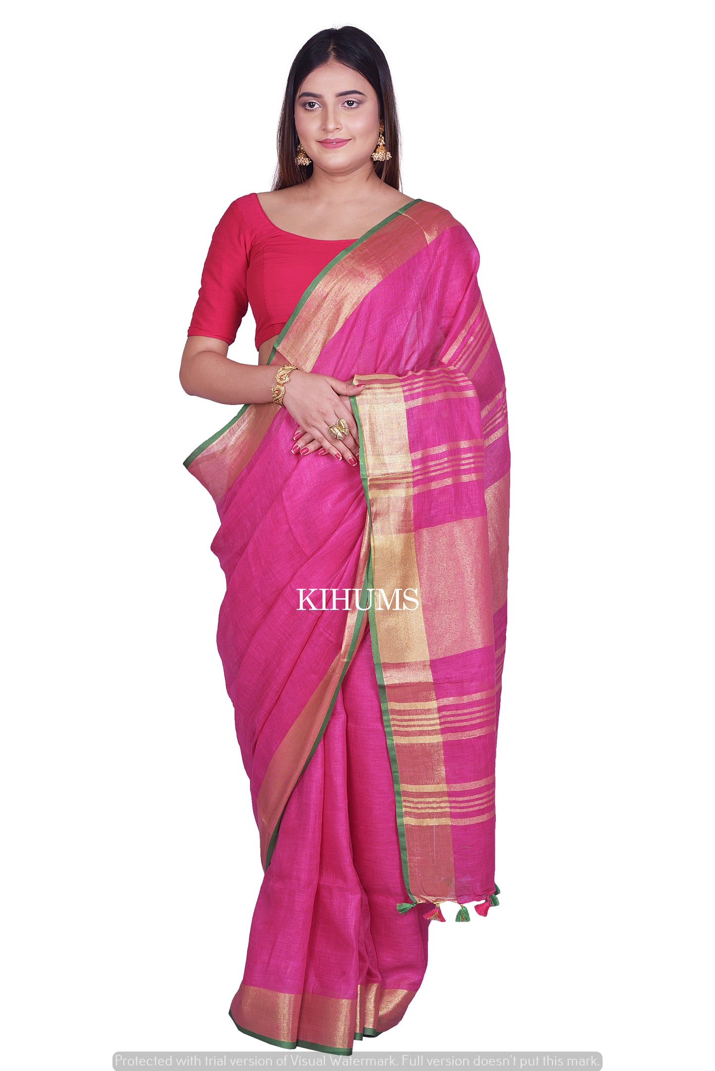 Pink Shade Handmade Pure Linen Saree | Contrast Blouse | KIHUMS Saree