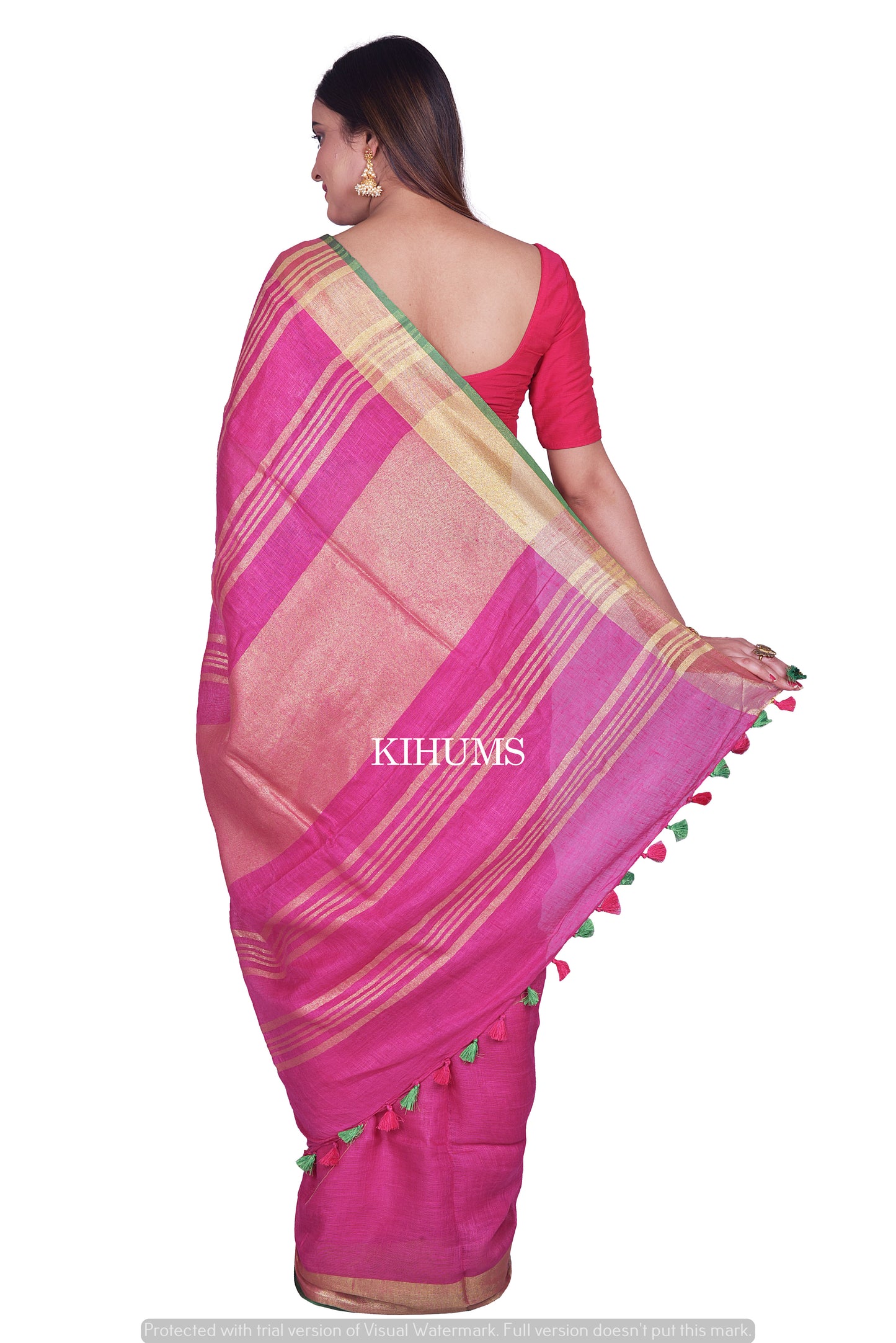 Pink Shade Handmade Pure Linen Saree | Contrast Blouse | KIHUMS Saree