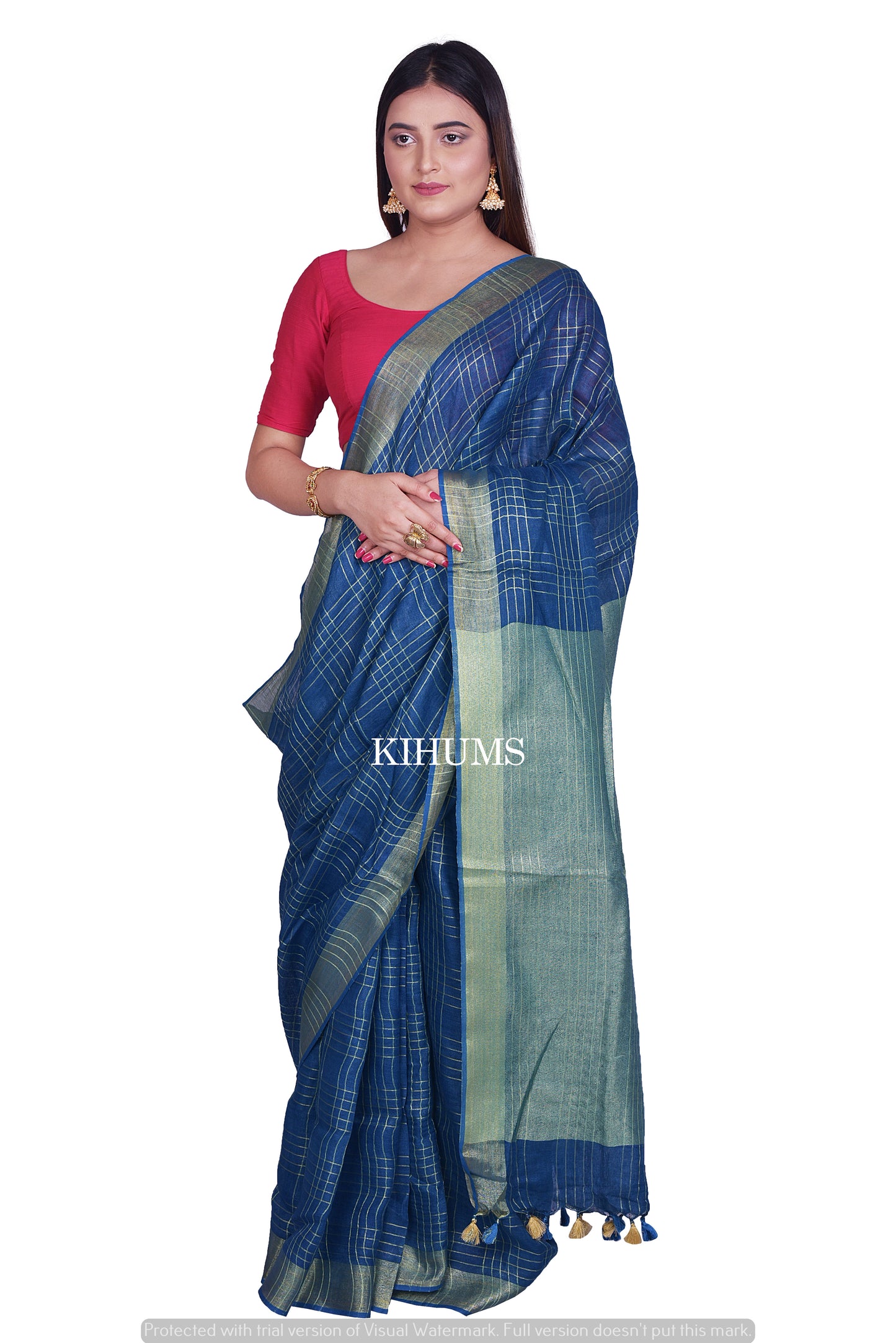 Blue Shade Handmade Pure Linen Saree | Gold Zari Checks | KIHUMS Saree