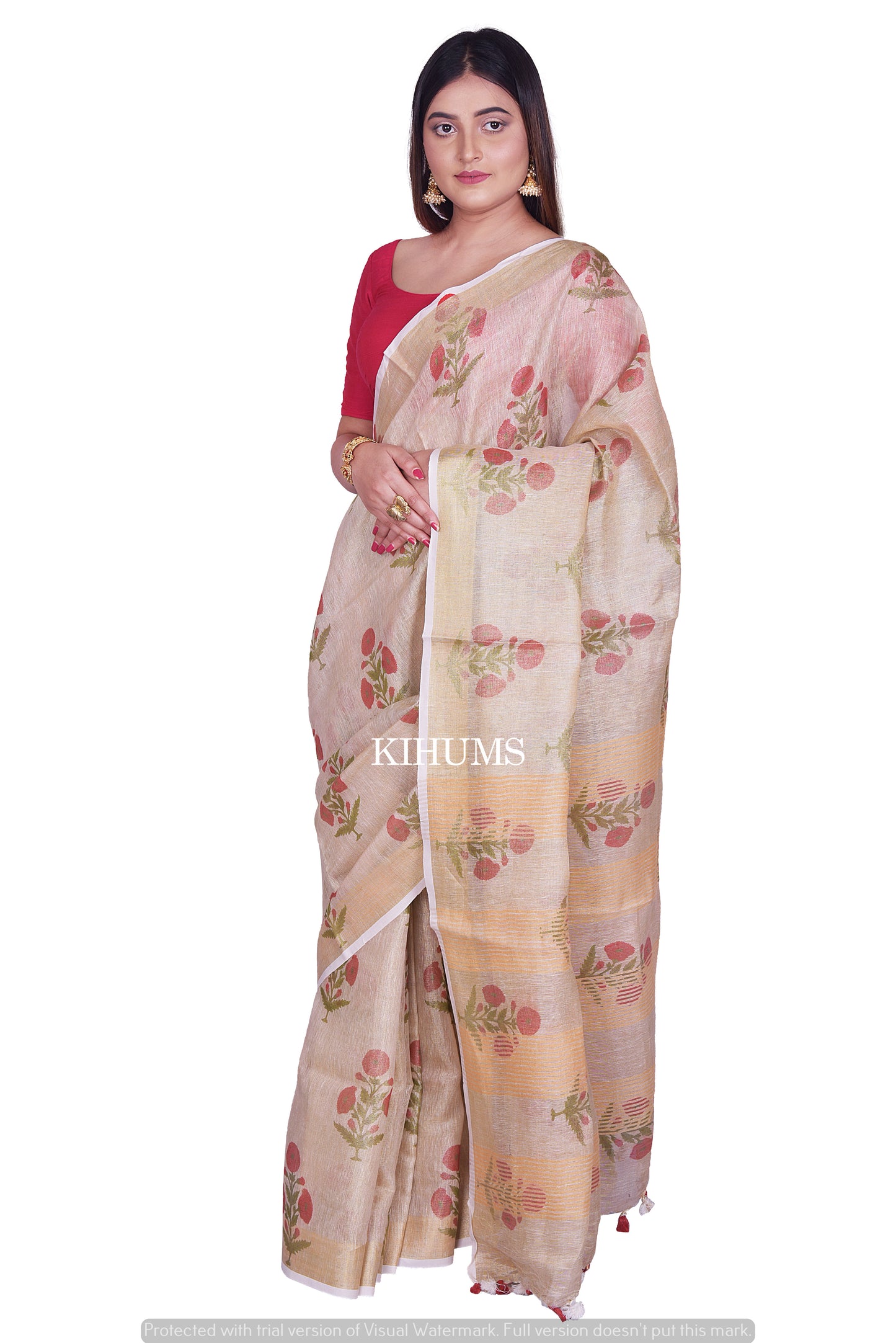 Floral printed Tissue linen saree | Handwoven Saree I Pretty Sari | KIHUMS Saree
