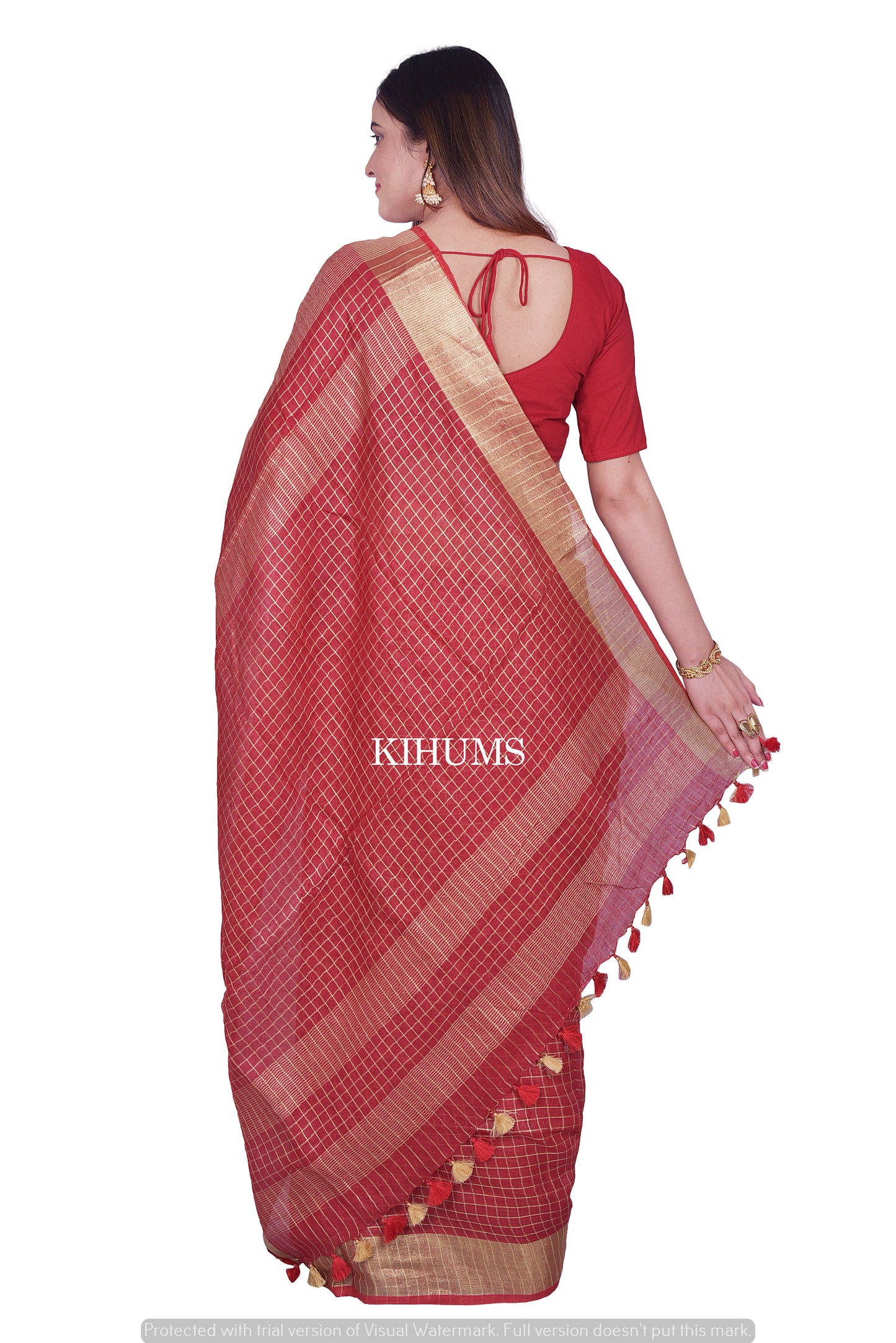 Dark Red Shade Handmade Pure Linen Saree | Gold Zari Checks | KIHUMS Saree