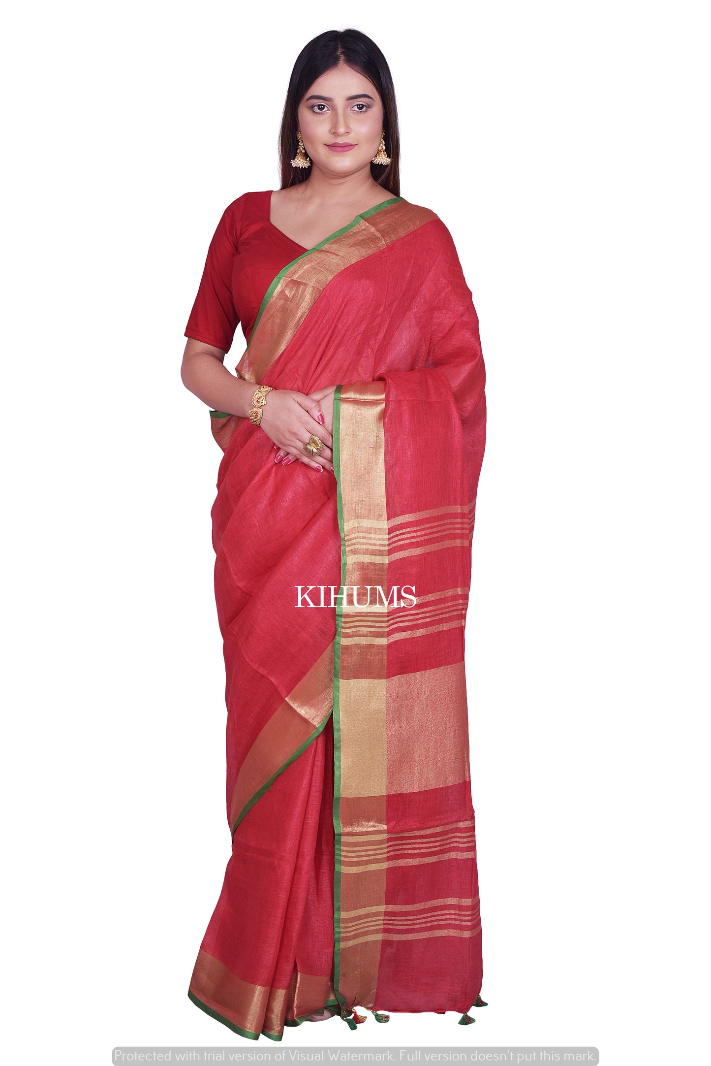 Red Shade Handwoven Linen Saree | Contrast Blouse | KIHUMS Saree