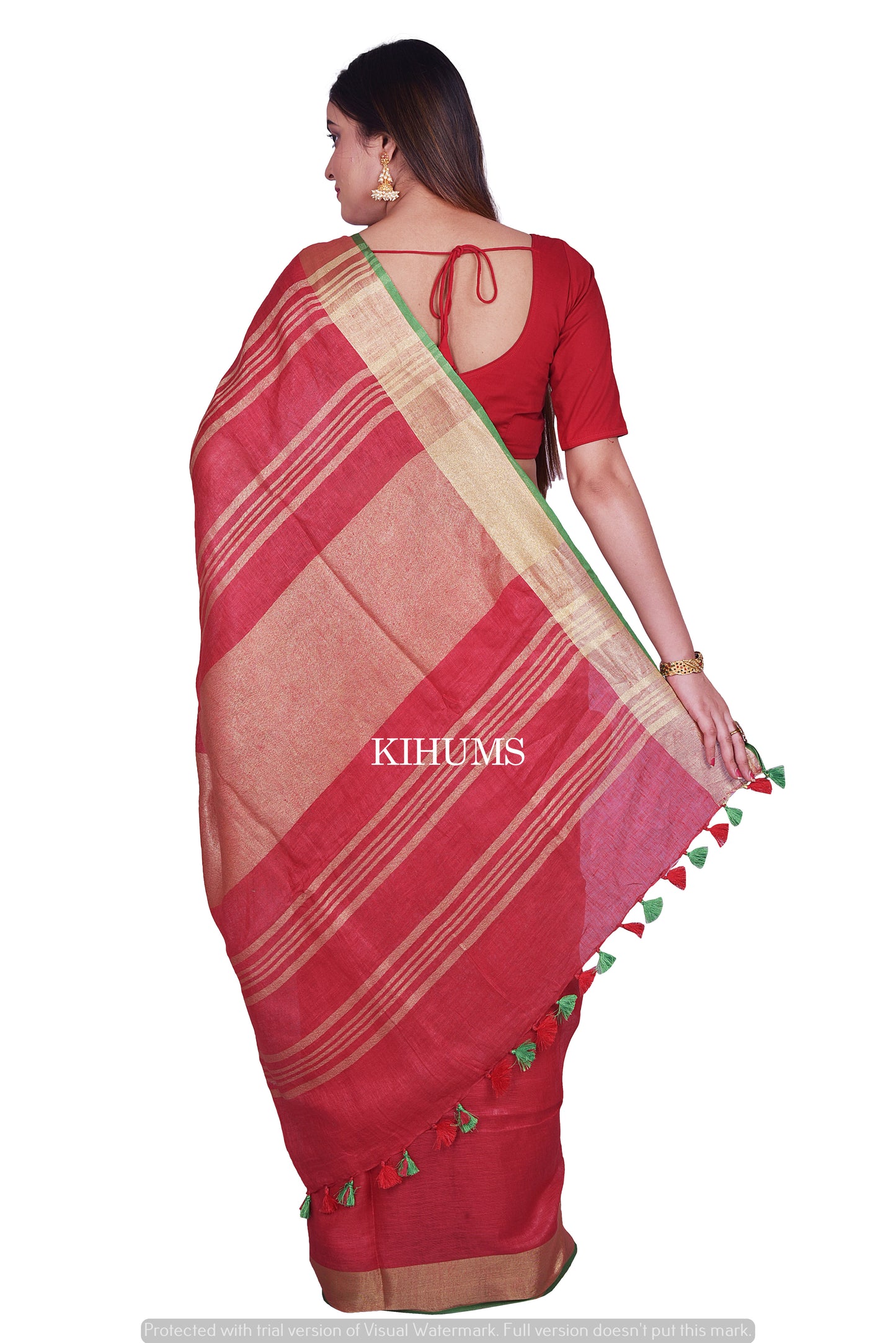 Red Shade Handwoven Linen Saree | Contrast Blouse | KIHUMS Saree