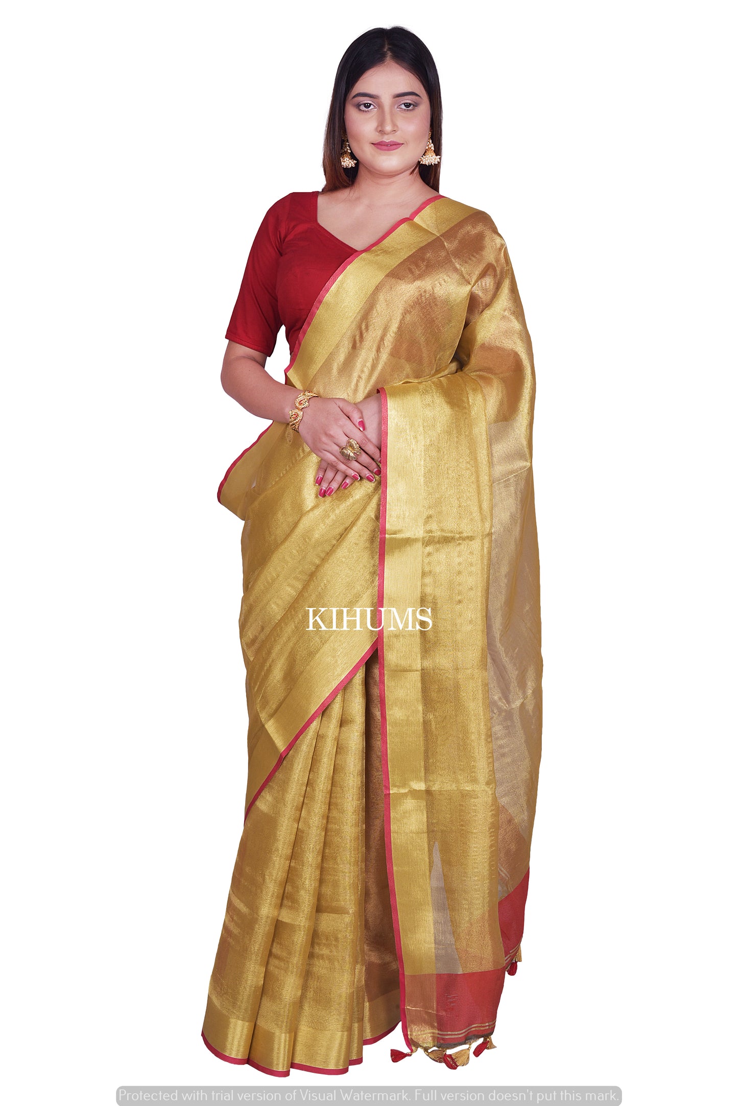 Golden Tissue Linen Saree with Contrast Red Blouse | Tissue Linen Saree | KIHUMS Saree
