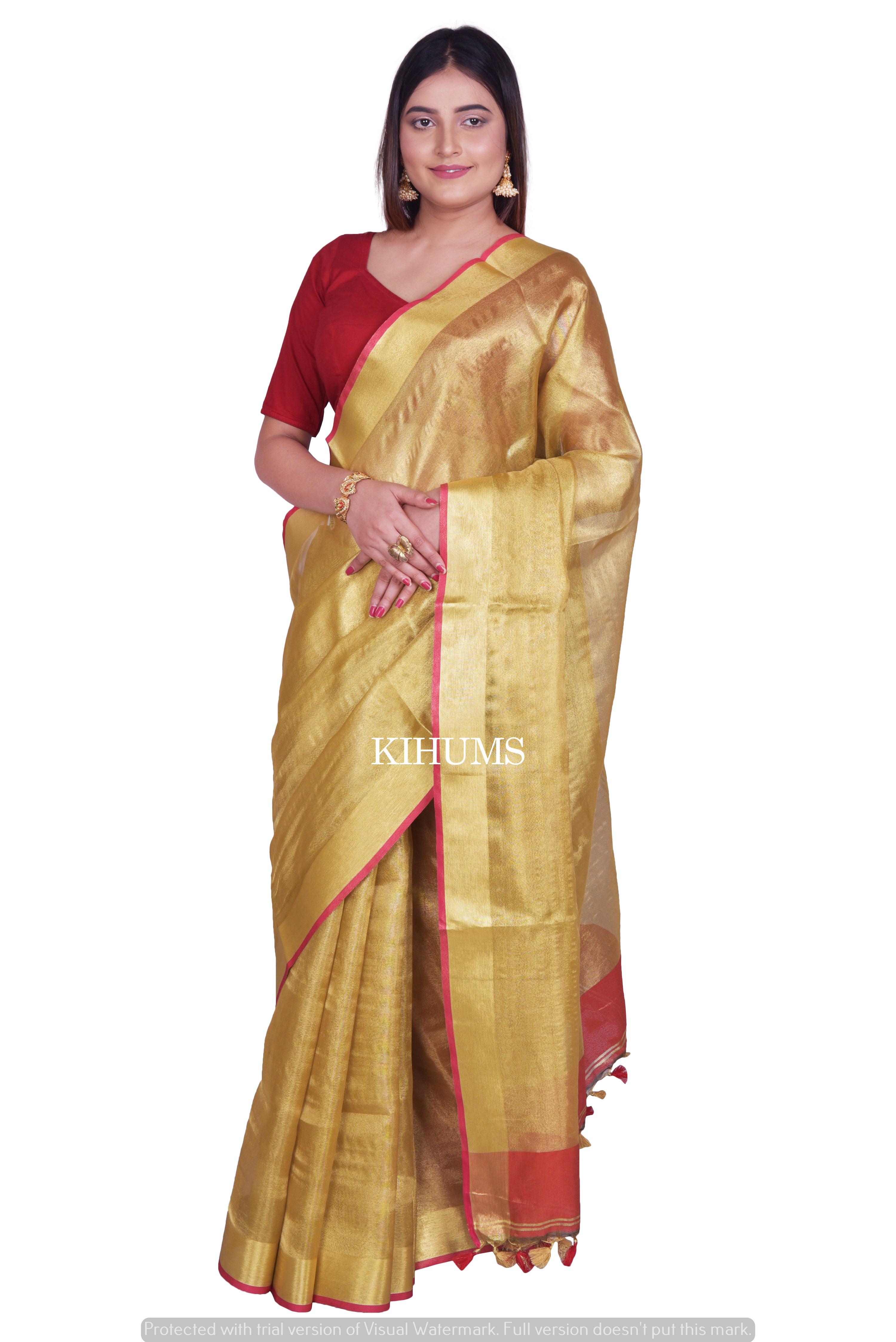 Red Handwoven Tissue Linen Saree With Golden Borders