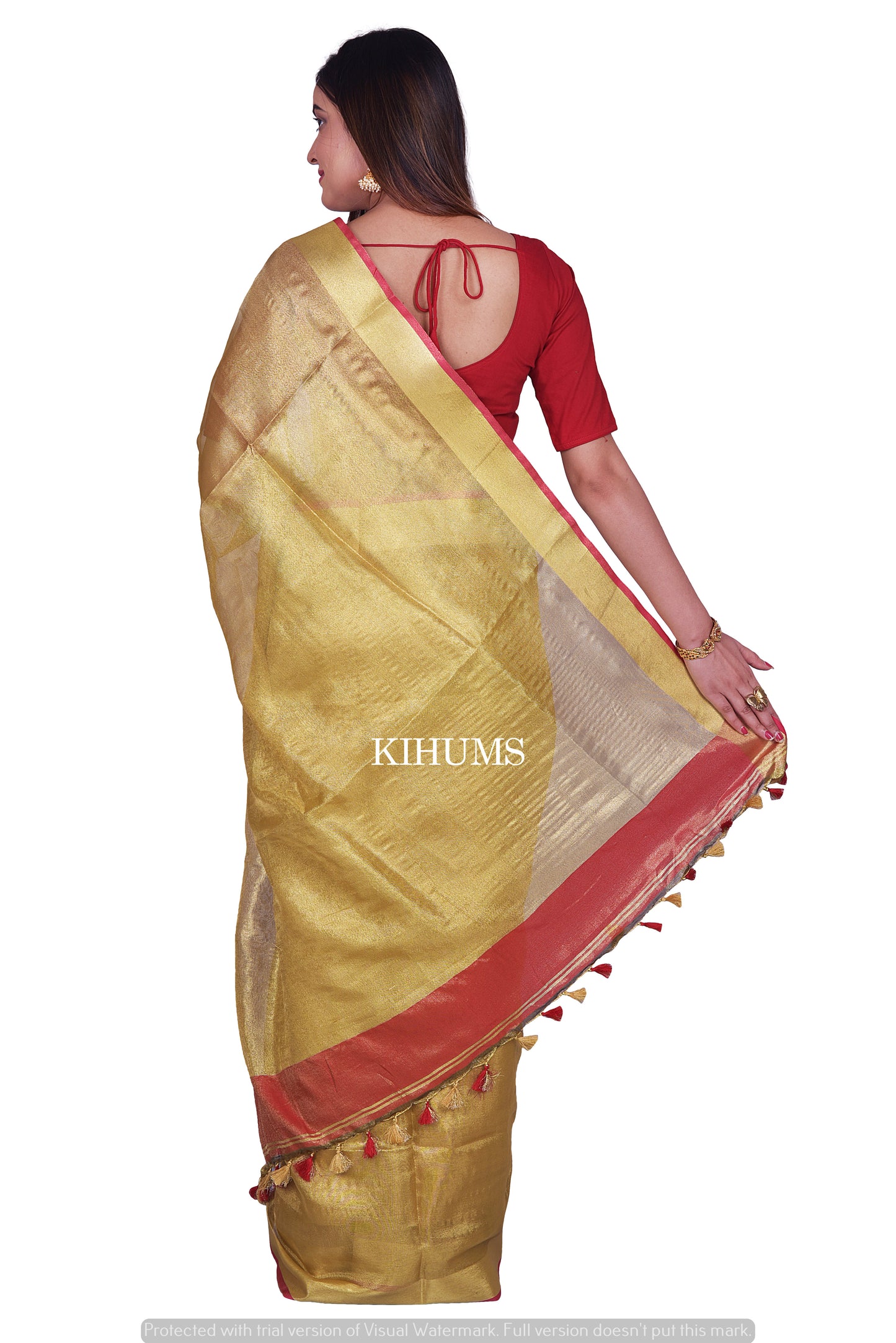 Golden Tissue Linen Saree with Contrast Red Blouse | Tissue Linen Saree | KIHUMS Saree