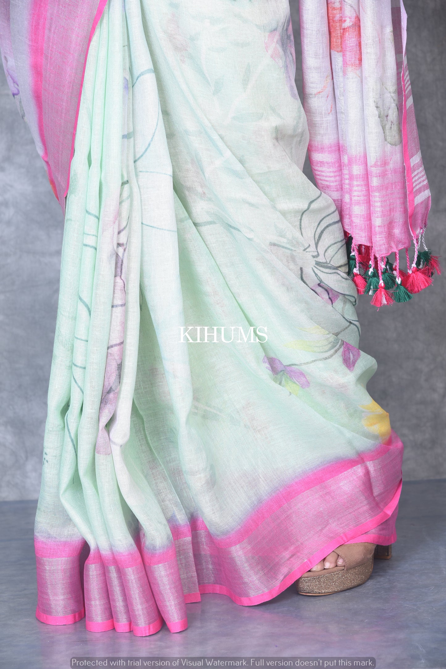 Light Olive Floral Print linen saree I Pink and Silver Zari Border I Handwoven Saree I Pretty Sari | KIHUMS Saree