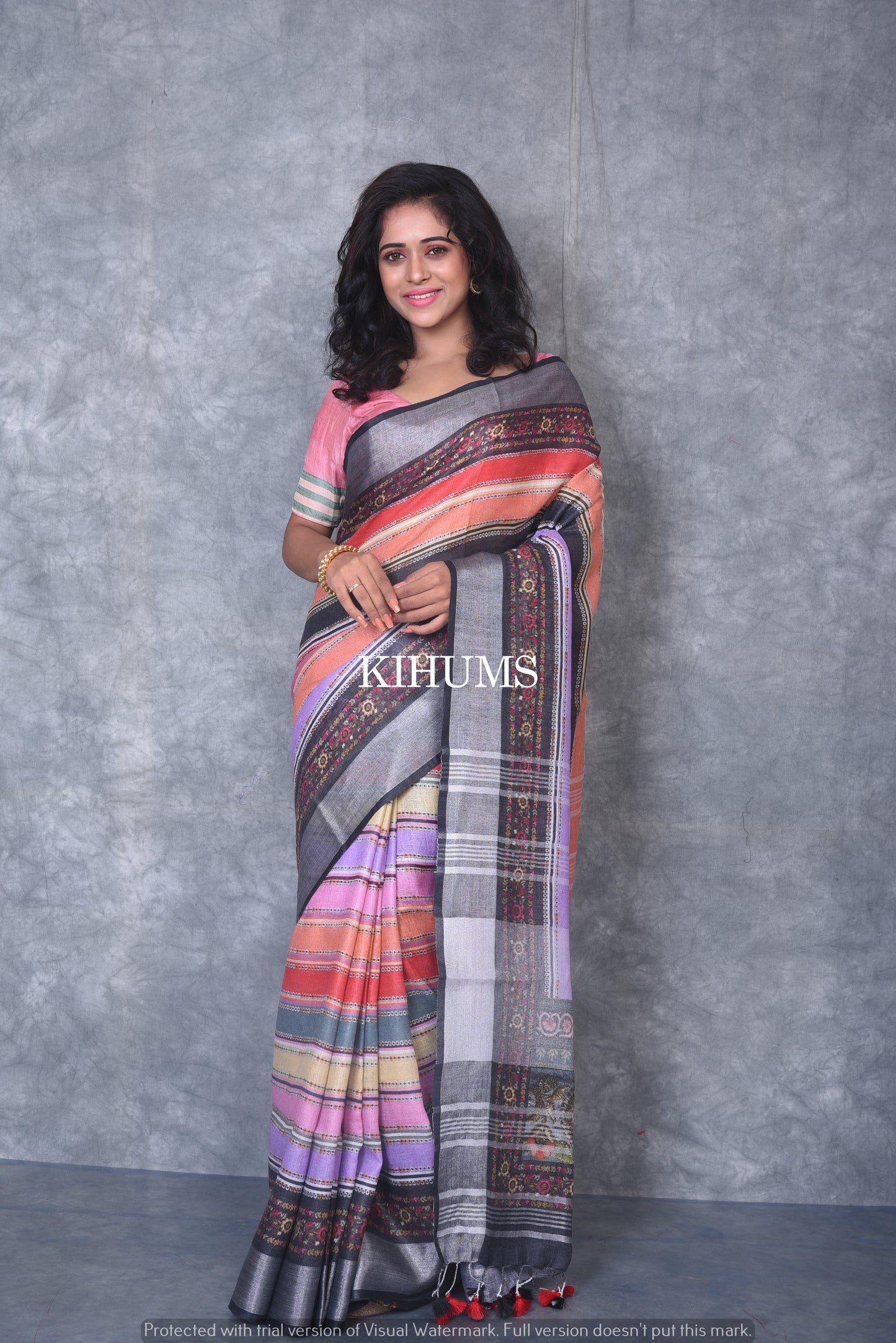 Multicolored Printed linen saree I Pink and Silver Zari Border I Handwoven Saree I Pretty Sari | KIHUMS Saree