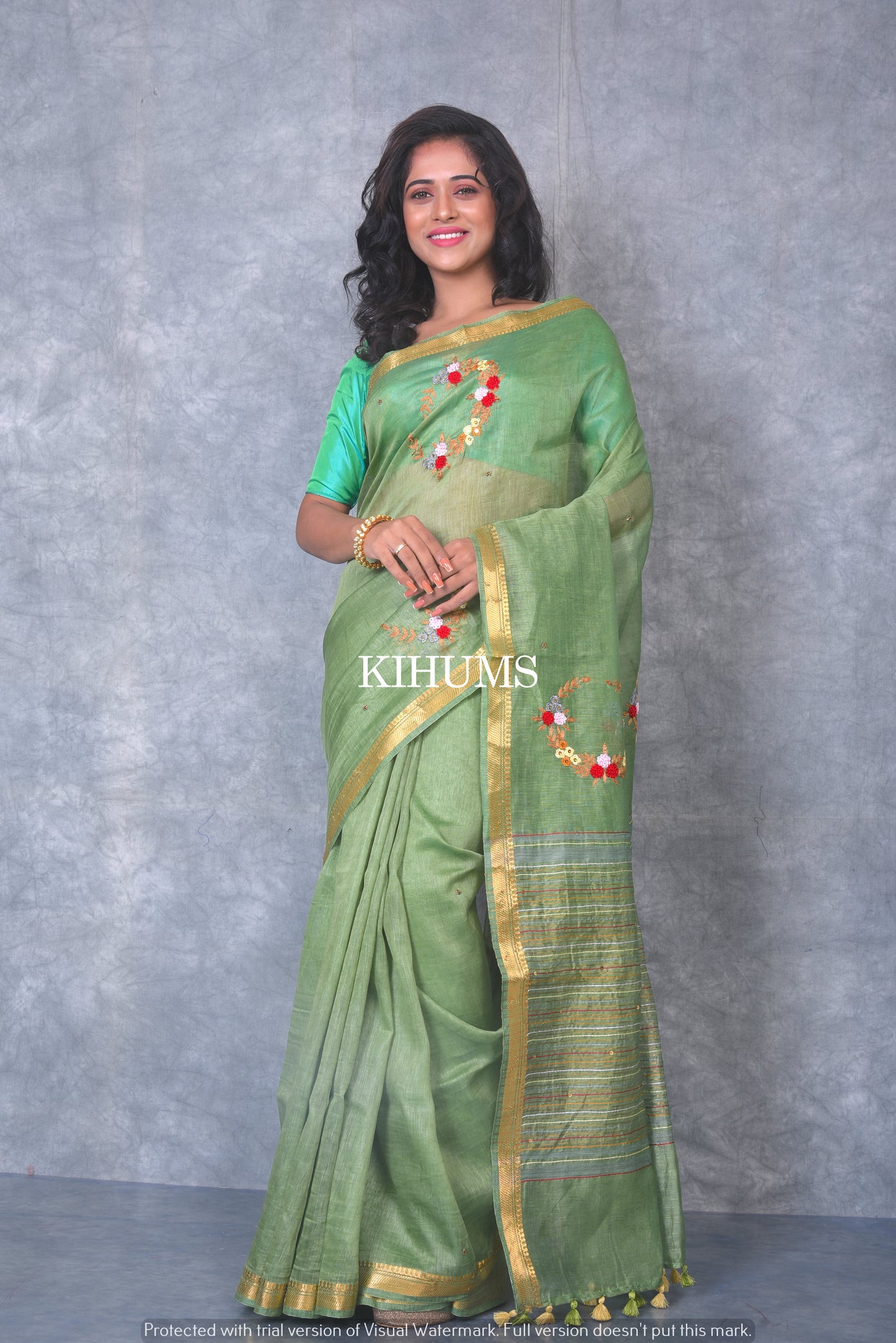 Silk Linen with hand embroidery Saree - Olive Green linen silk | KIHUMS saree