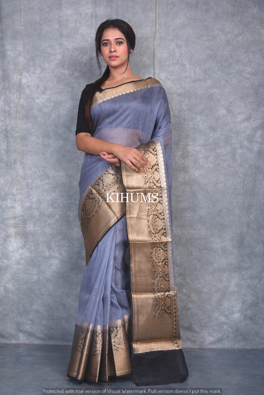 Banarasi Silk Linen Saree | Black and Gold Zari Border | Grey Body | KIHUMS Saree